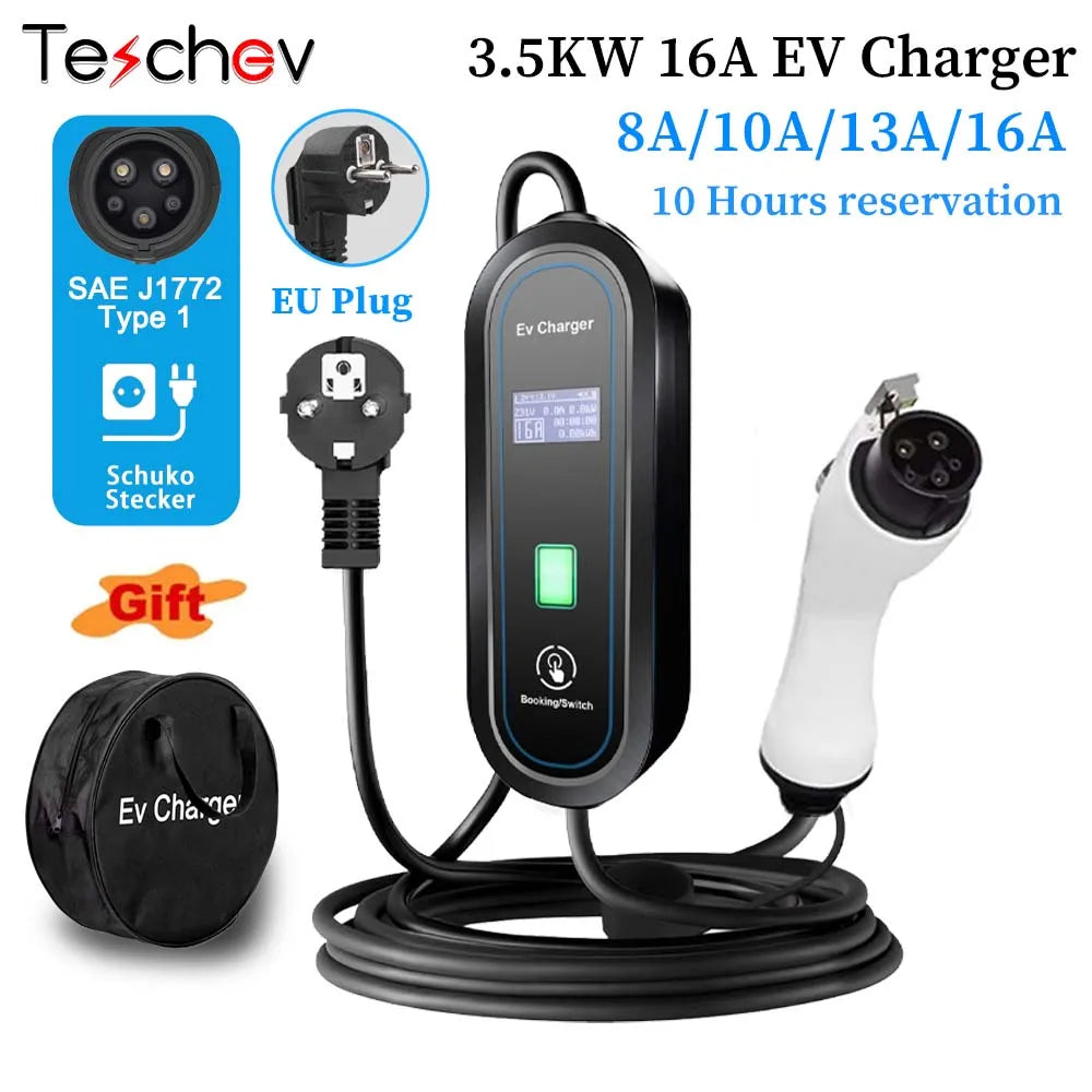 Teschev 3.5KW chargeur EV Portable Type 1 J1772 16A câble de charge GBT Wallbox EVSE Type 2 Stations de charge pour véhicule électrique