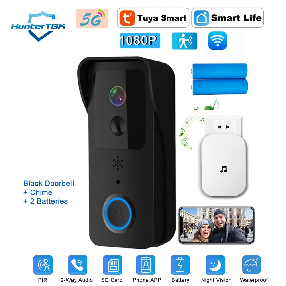 Sonnette vidéo WiFi 5G 2.4G, 1080P, Tuya, interphone intelligent sans fil pour l'extérieur, caméra sans fil étanche avec sonnerie d'alimentation AC/DC