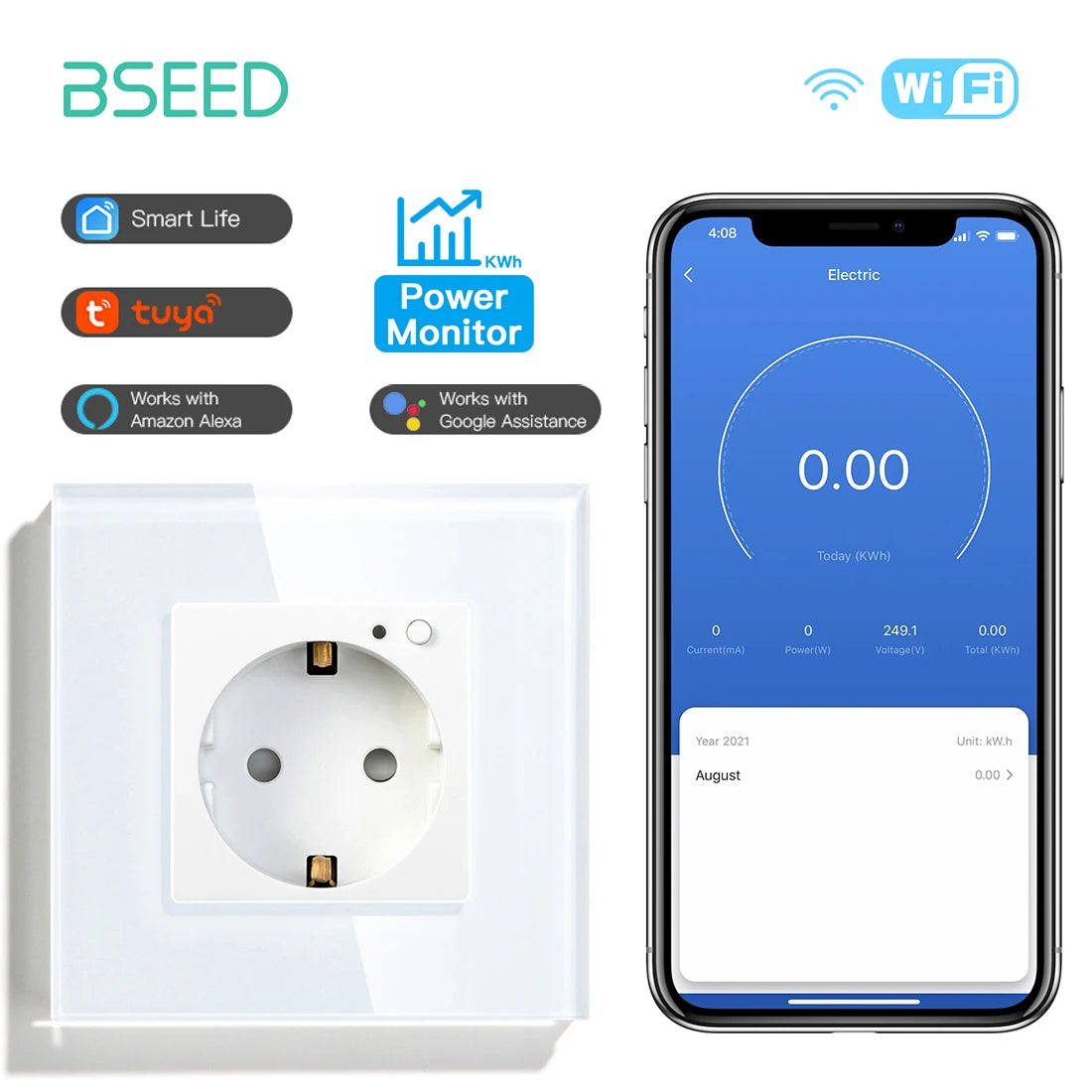 BSEED-Prise Murale Wifi EU Standard 86x86mm, Moniteur d'Alimentation Intelligent, Fonctionne avec Google Alexa