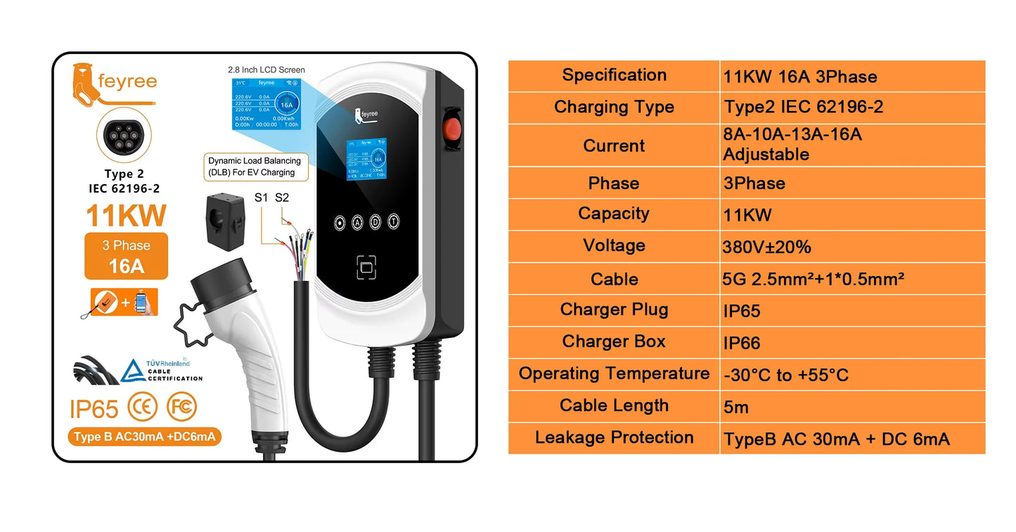 Feyree EV chargeur Type2 câble 32A 7.6kW charge dynamique blancage EVSE Wallbox APP fonction 11kW 22kW Station de charge voiture électrique