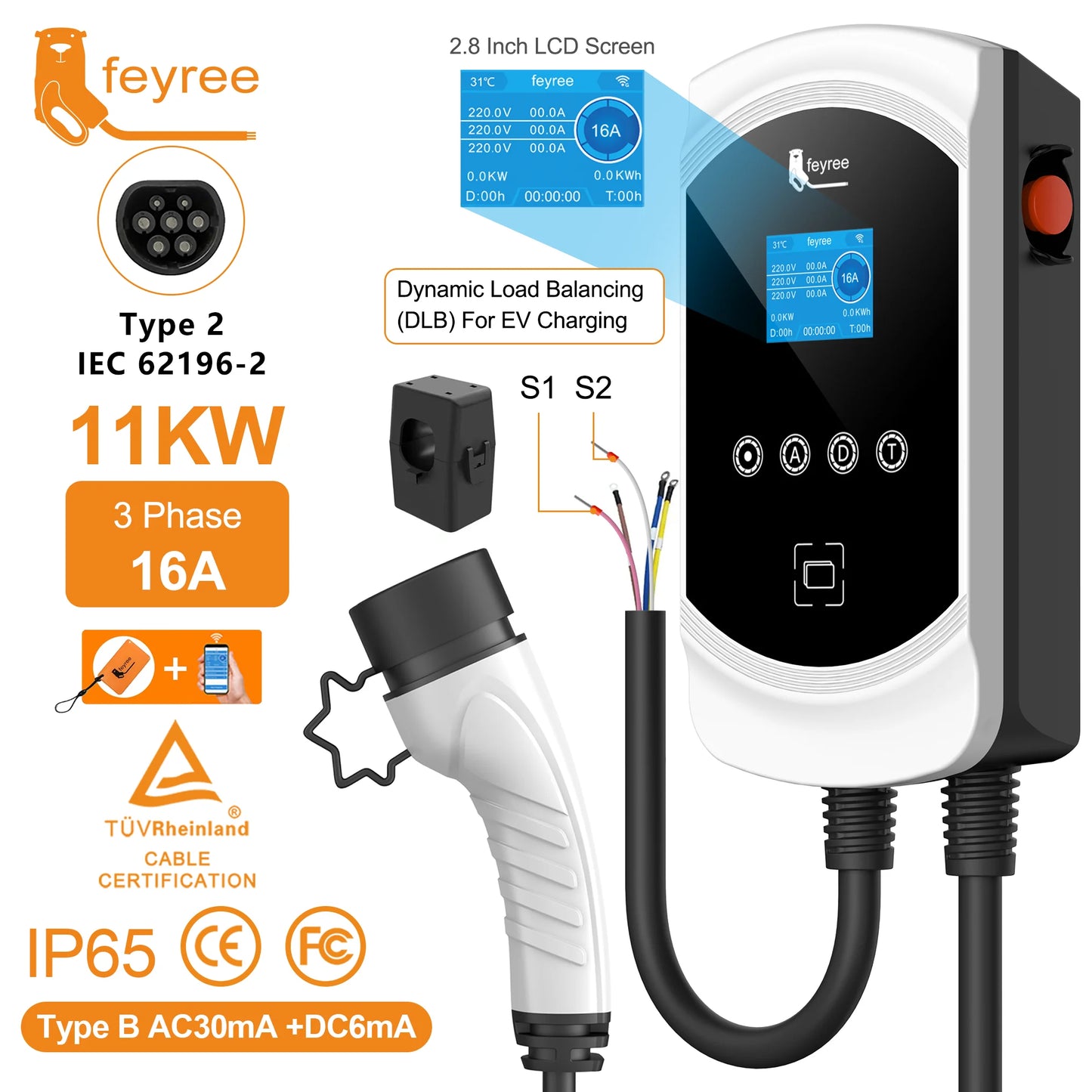 Feyree EV chargeur Type2 câble 32A 7.6kW charge dynamique blancage EVSE Wallbox APP fonction 11kW 22kW Station de charge voiture électrique