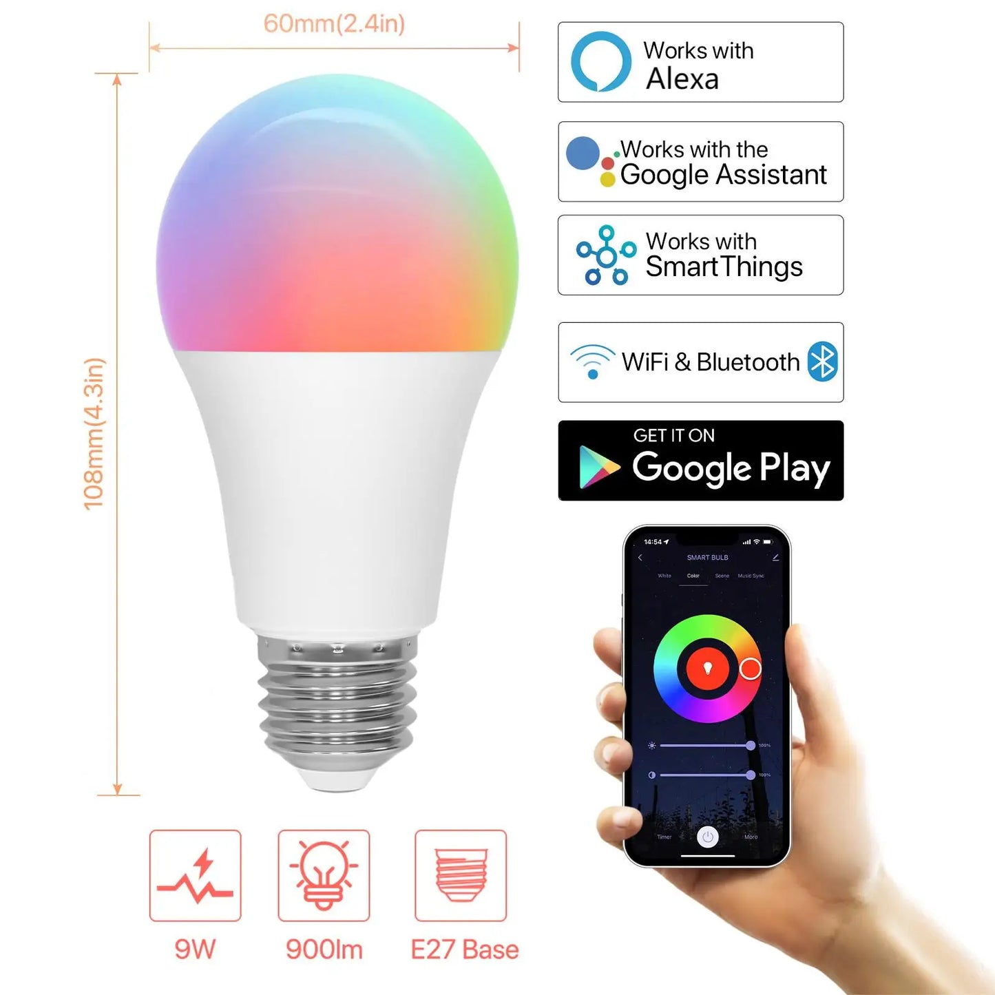 Ampoule LED intelligente Tuya E27 9W 900lm RGBCW, 2 pièces, couleur changeante, AC220V, Bluetooth, WiFi, Alexa/Google Home, ampoules à vis compatibles