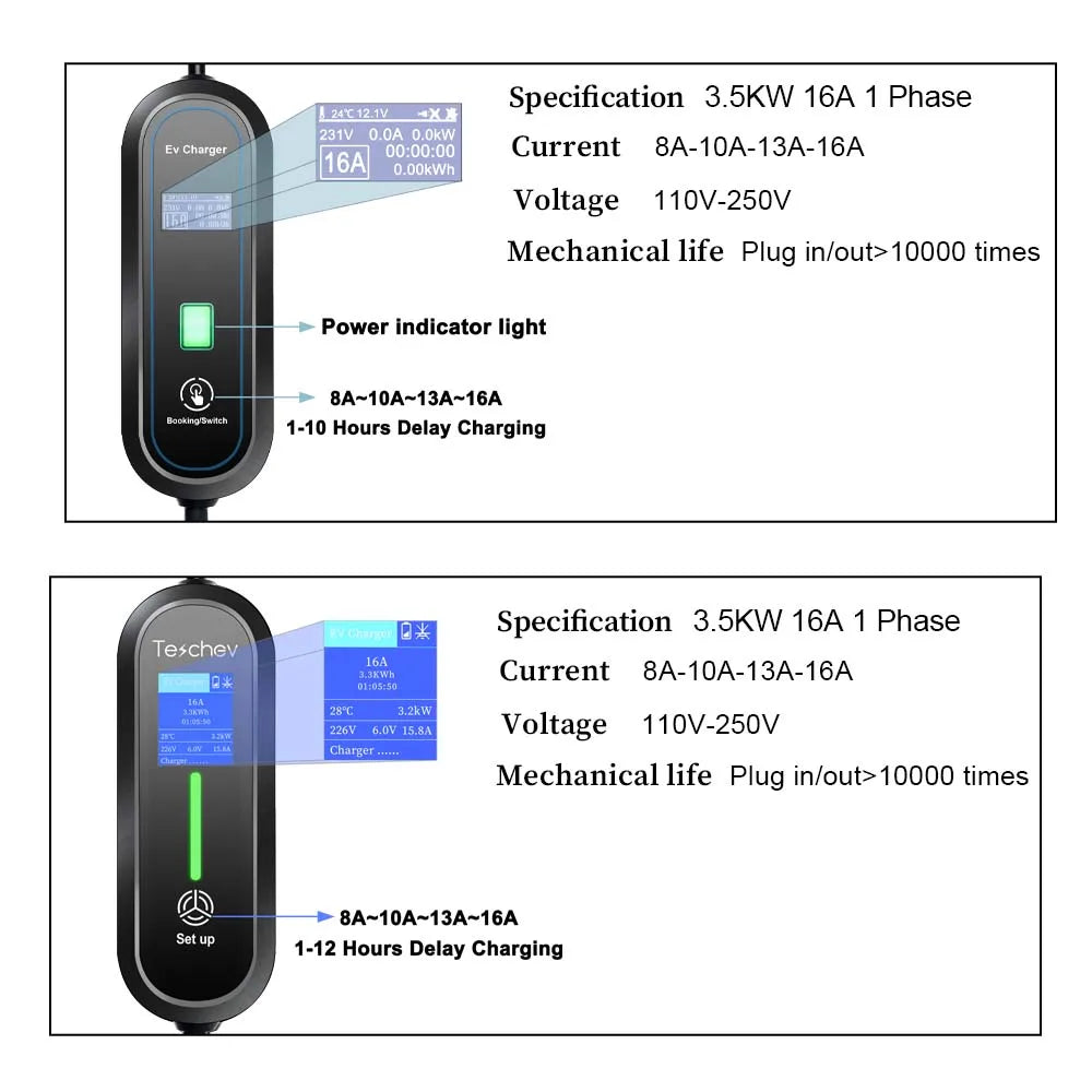Teschev 3.5KW chargeur EV Portable Type 1 J1772 16A câble de charge GBT Wallbox EVSE Type 2 Stations de charge pour véhicule électrique