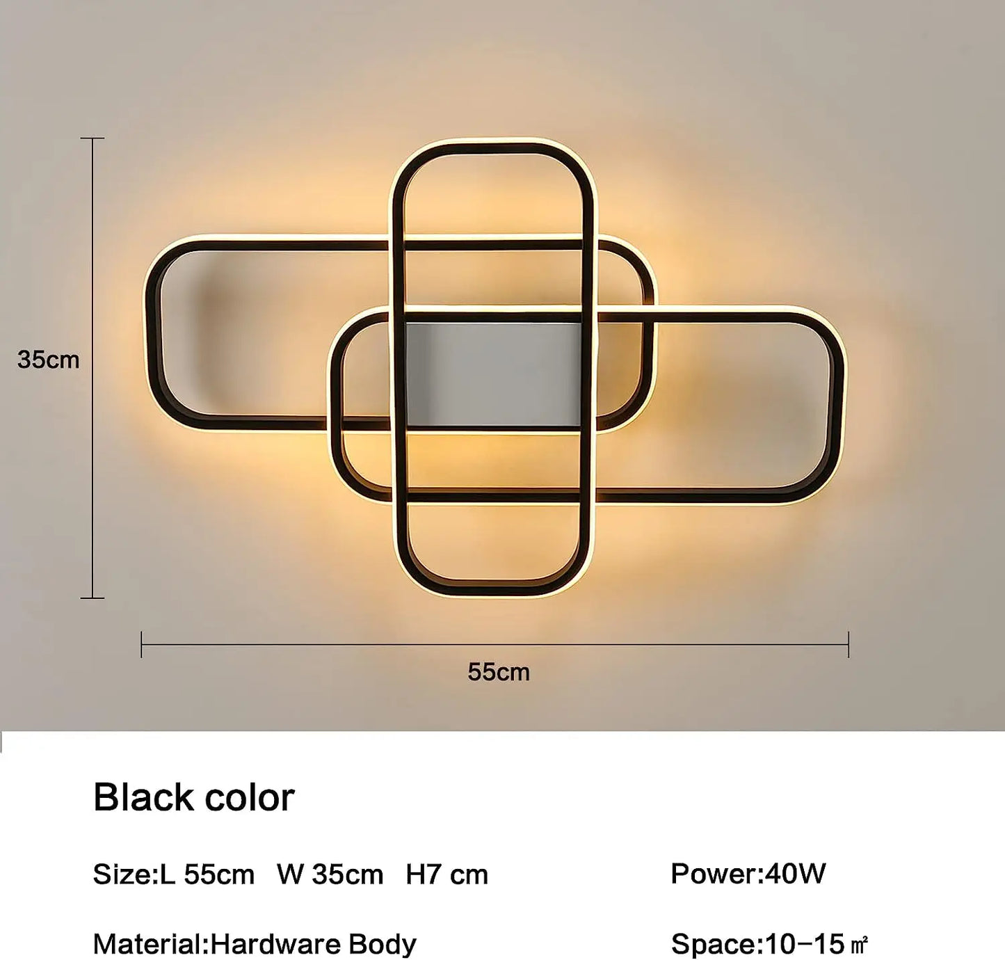 Plafonnier LED rectangulaire moderne avec télécommande, luminosité réglable, température de couleur, 44W