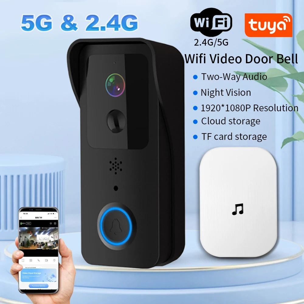 Sonnette vidéo WiFi 5G 2.4G, 1080P, Tuya, interphone intelligent sans fil pour l'extérieur, caméra sans fil étanche avec sonnerie d'alimentation AC/DC