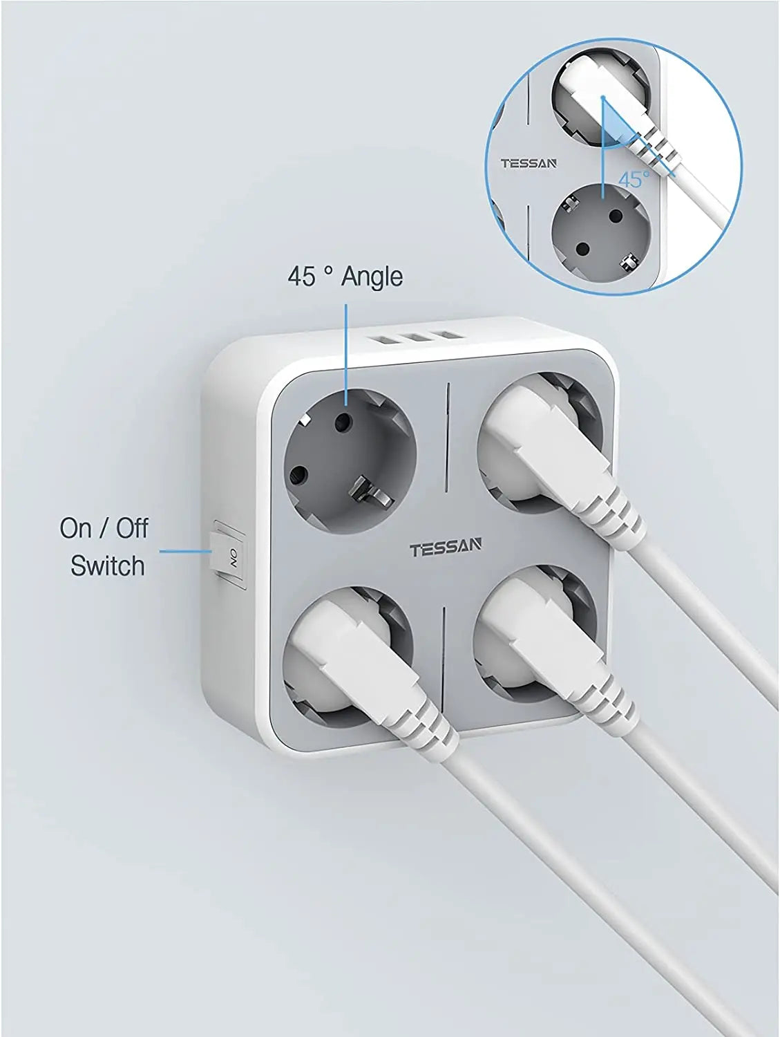 TESSAN multiprise à prises murales multiples avec 4 prises ca et 3 Ports USB adaptateur 7 en 1 protection contre les surcharges pour le bureau à domicile
