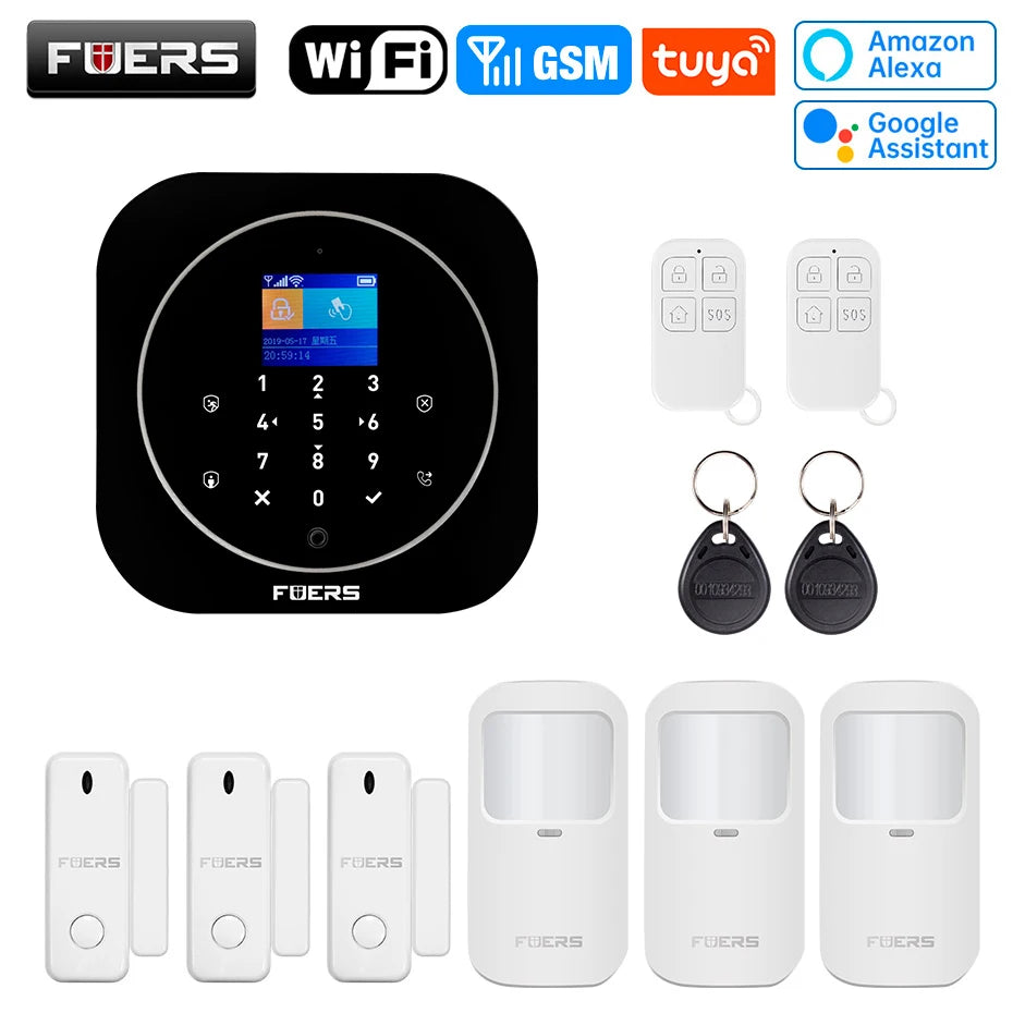 FUERS G12 Tuya WiFi GSM système d'alarme de sécurité sans fil maison affaires alarme antivol avec sirène RFID détecteur de mouvement capteur de fumée