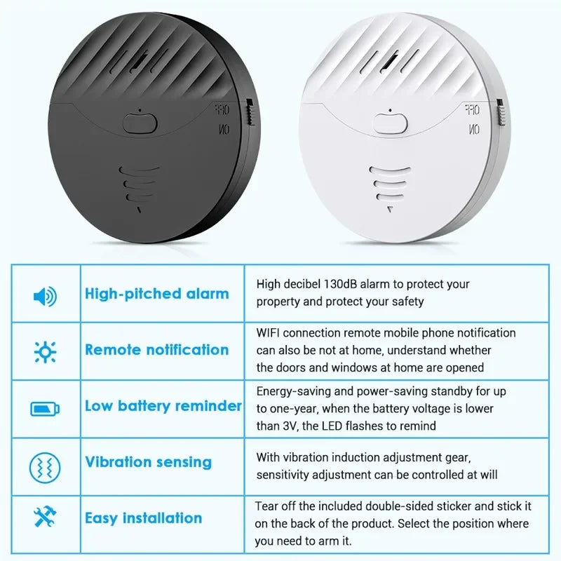 Tuya – capteur de vibrations WiFi intelligent, alarme, détecteur de vibrations pour portes et fenêtres, 130db, alerte de Protection de sécurité domestique, fonctionne avec Alexa
