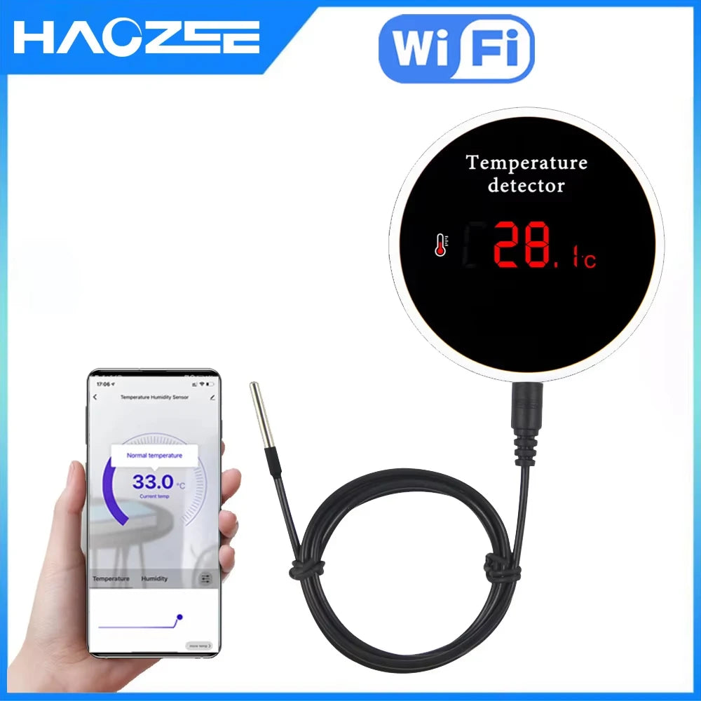 Haozee Tuya Thermomètre WIFI intelligent avec sonde de température externe Charge USB ou batterie rechargeable