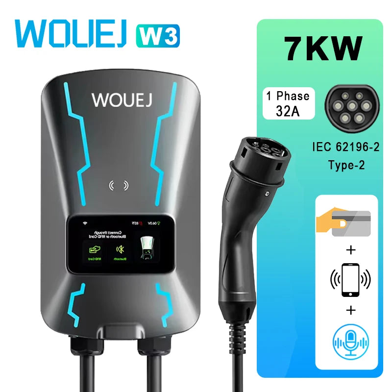 WOUEJ EV Station de charge W3 Type 2 7KW 32A 1 phase chargeur de véhicule électrique Wallbox APP commande vocale carte RFID écran LCD