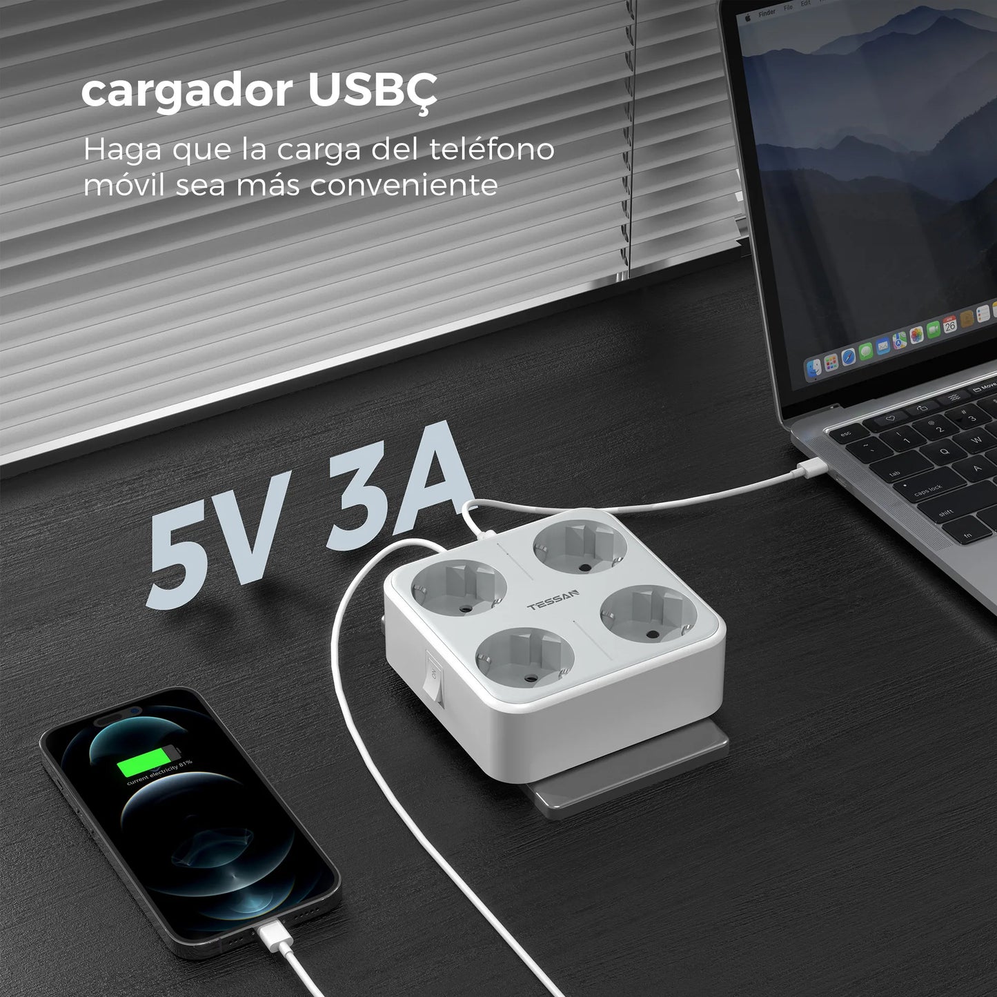 TESSAN multiprise à prises murales multiples avec 4 prises ca et 3 Ports USB adaptateur 7 en 1 protection contre les surcharges pour le bureau à domicile