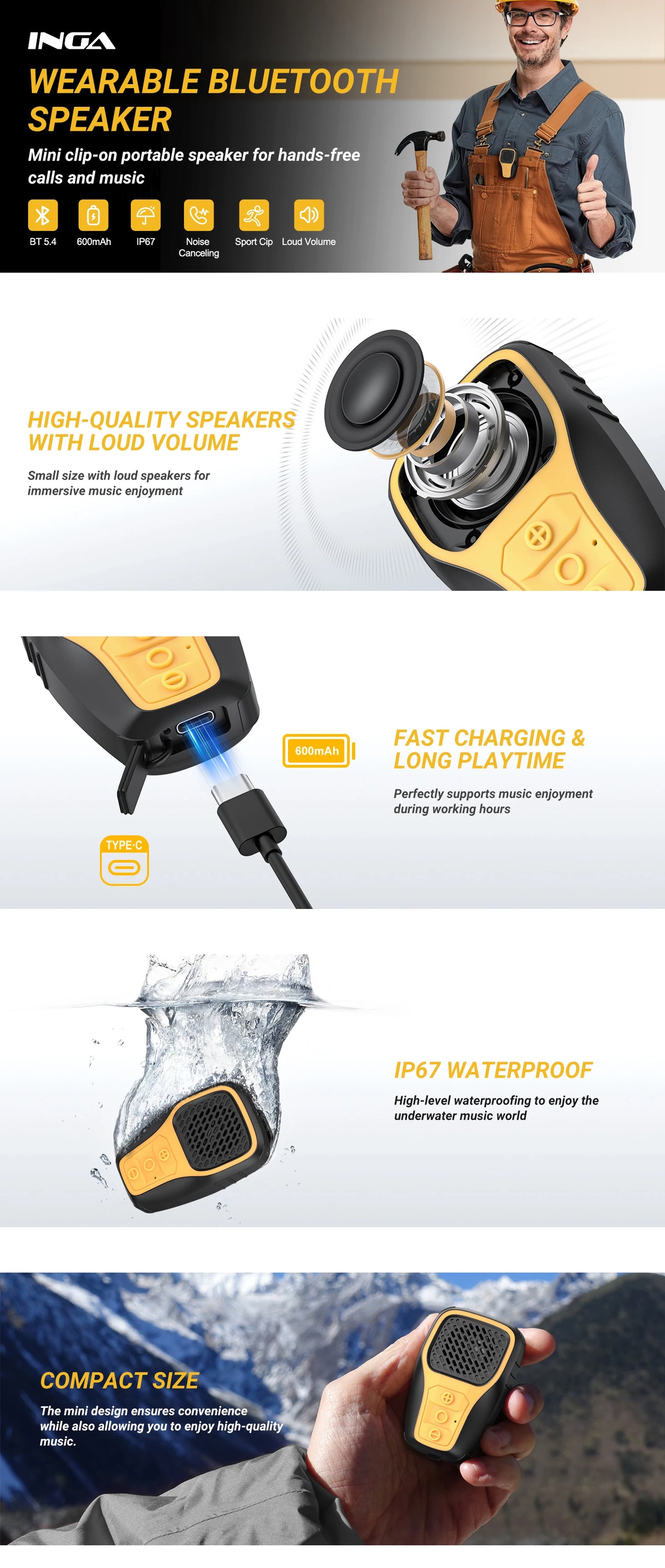 Sounderlink- Mini haut-parleur Bluetooth portable à clipser, appel mains libres, micro anti-bruit intégré, étanche IP67, accessoires de gymnastique