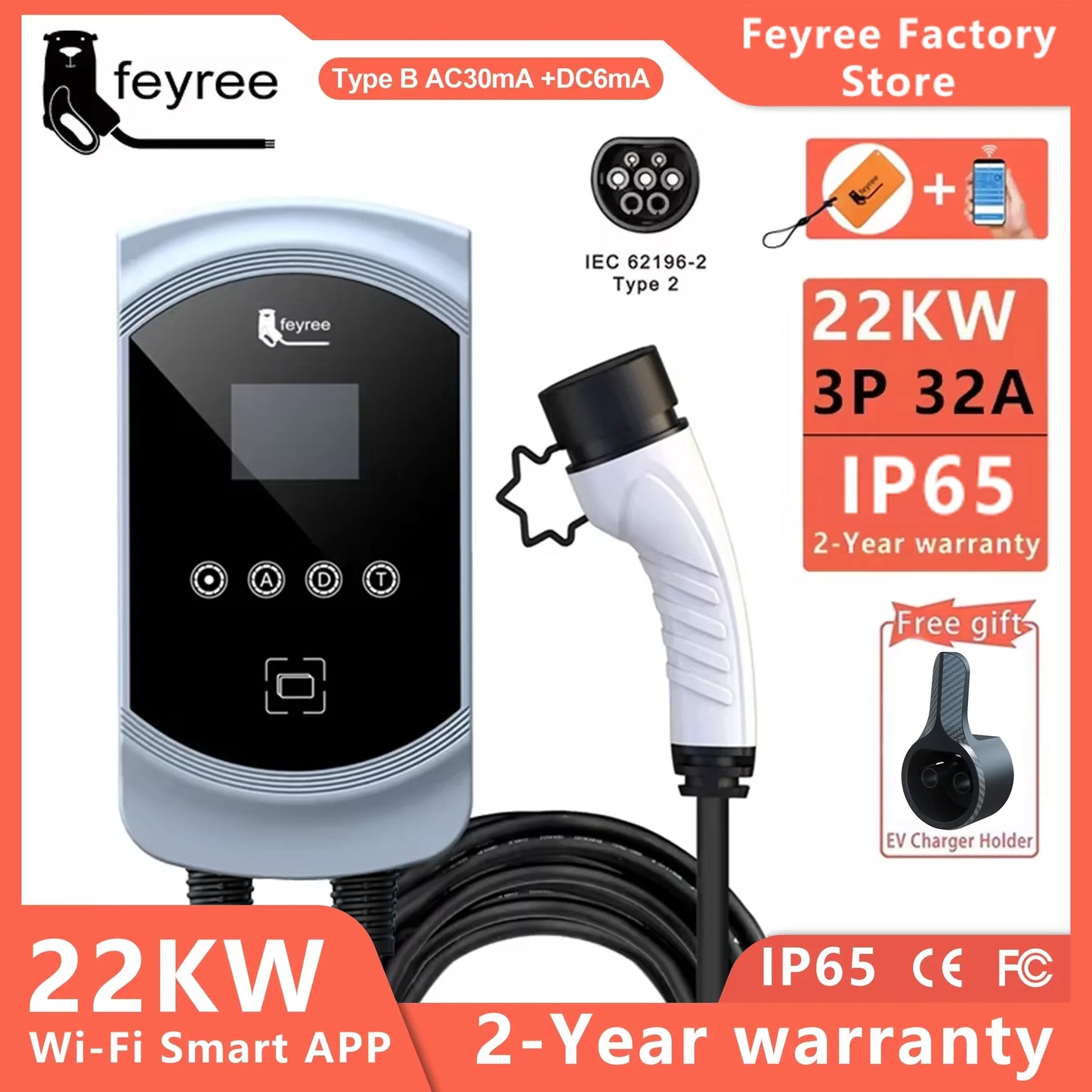 EVSE Wallbox 11KW 22KW Prise IEC62196-2 Triphasée Andrea Control pour Voiture Électrique Fey123 EV Chargeur 32A 7.6KW Vope2 Cable Car