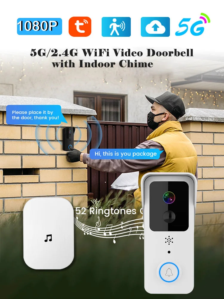 Sonnette vidéo WiFi 5G 2.4G, 1080P, Tuya, interphone intelligent sans fil pour l'extérieur, caméra sans fil étanche avec sonnerie d'alimentation AC/DC