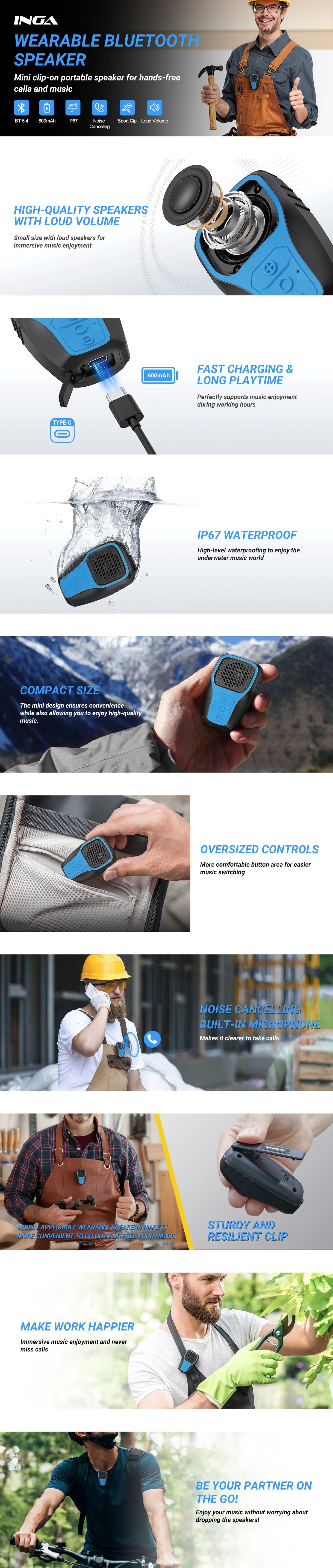 Sounderlink- Mini haut-parleur Bluetooth portable à clipser, appel mains libres, micro anti-bruit intégré, étanche IP67, accessoires de gymnastique