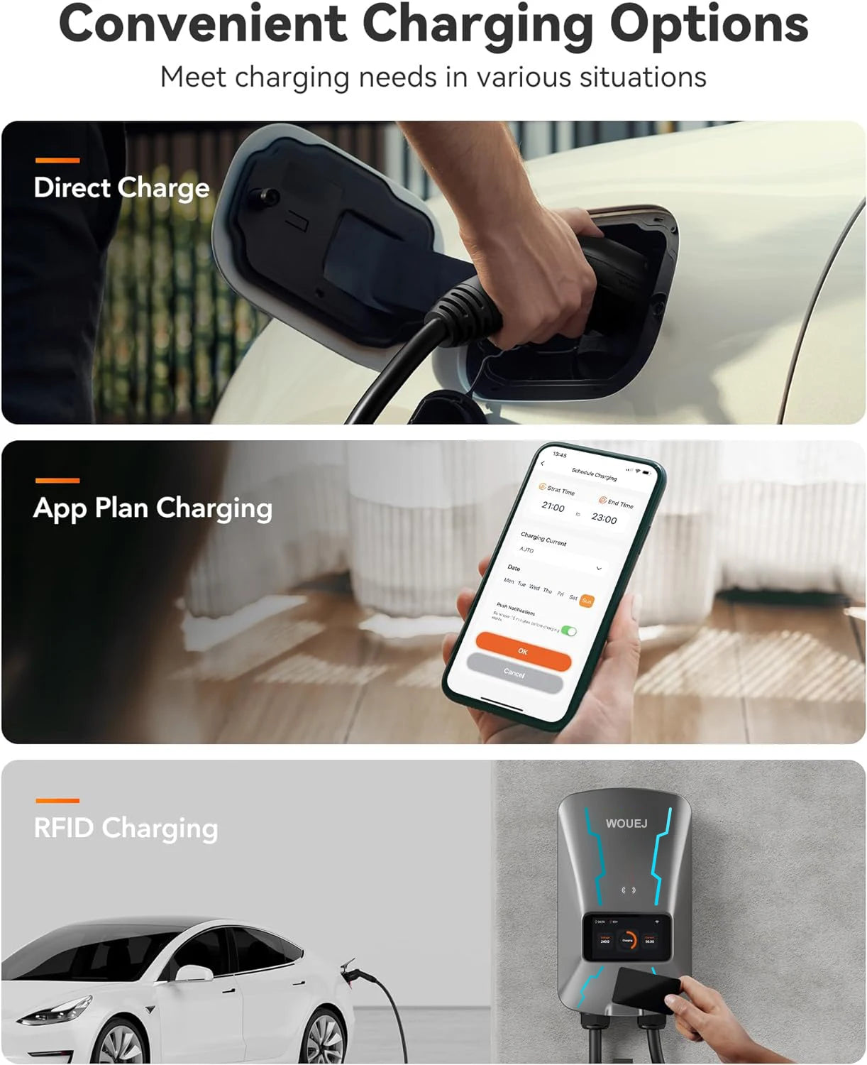 WOUEJ EV Station de charge W3 Type 2 7KW 32A 1 phase chargeur de véhicule électrique Wallbox APP commande vocale carte RFID écran LCD
