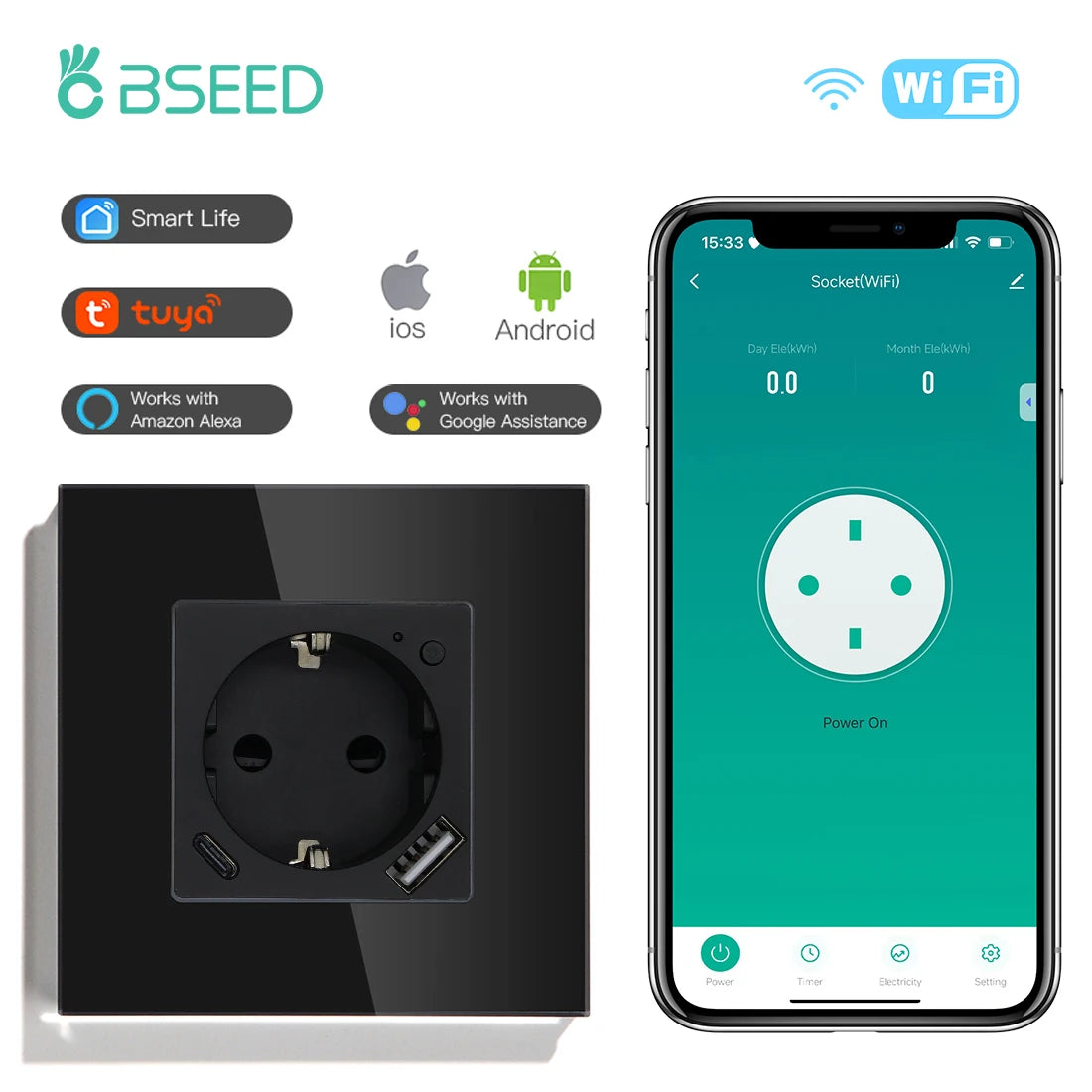 BSEED-Prise Murale Wifi EU Standard 86x86mm, Moniteur d'Alimentation Intelligent, Fonctionne avec Google Alexa