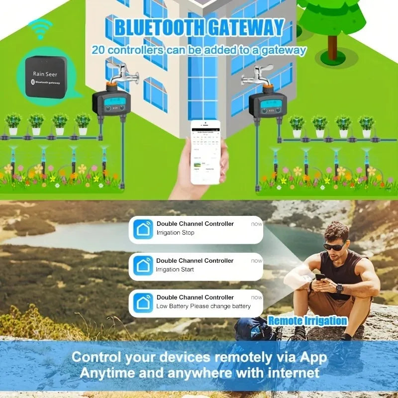 Minuterie d'arrosage intelligente, minuterie d'eau bidirectionnelle, WiFi, Bluetooth, d'argile de jardin, électrovanne intelligente, télécommande de téléphone sans fil