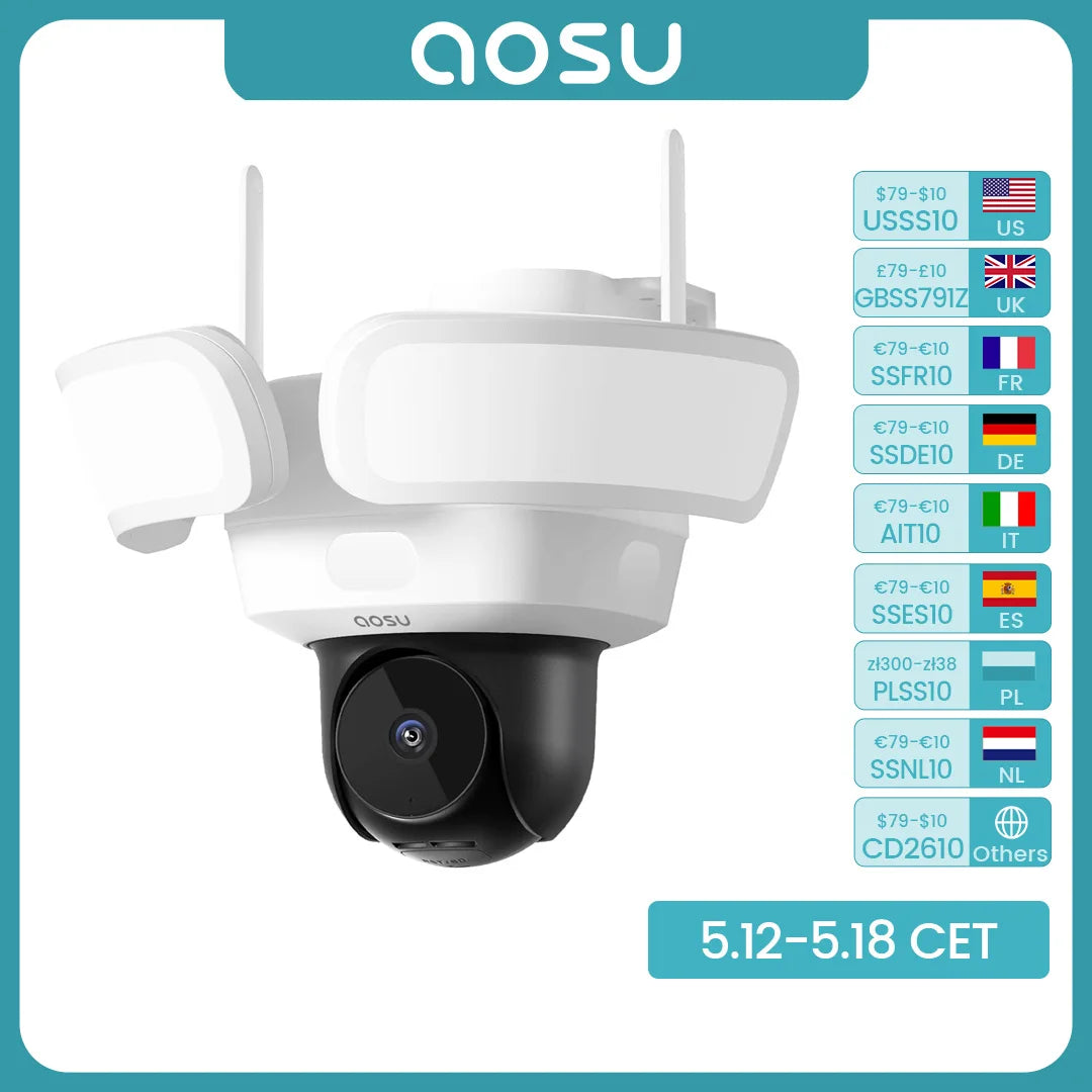 AOSU 5MP UHD WiFi Projecteur Caméra Extérieure 360 °   Vue couleur Vision nocturne Caméra de sécurité sans fil Détection PIR Audio bidirectionnel