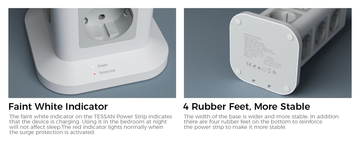 TESSAN Tour Extension Multiprise Protection contre les surtensions (1700J) avec 8 prises AC et 3 Ports USB Prise Multiple avec interrupteur pour la maison