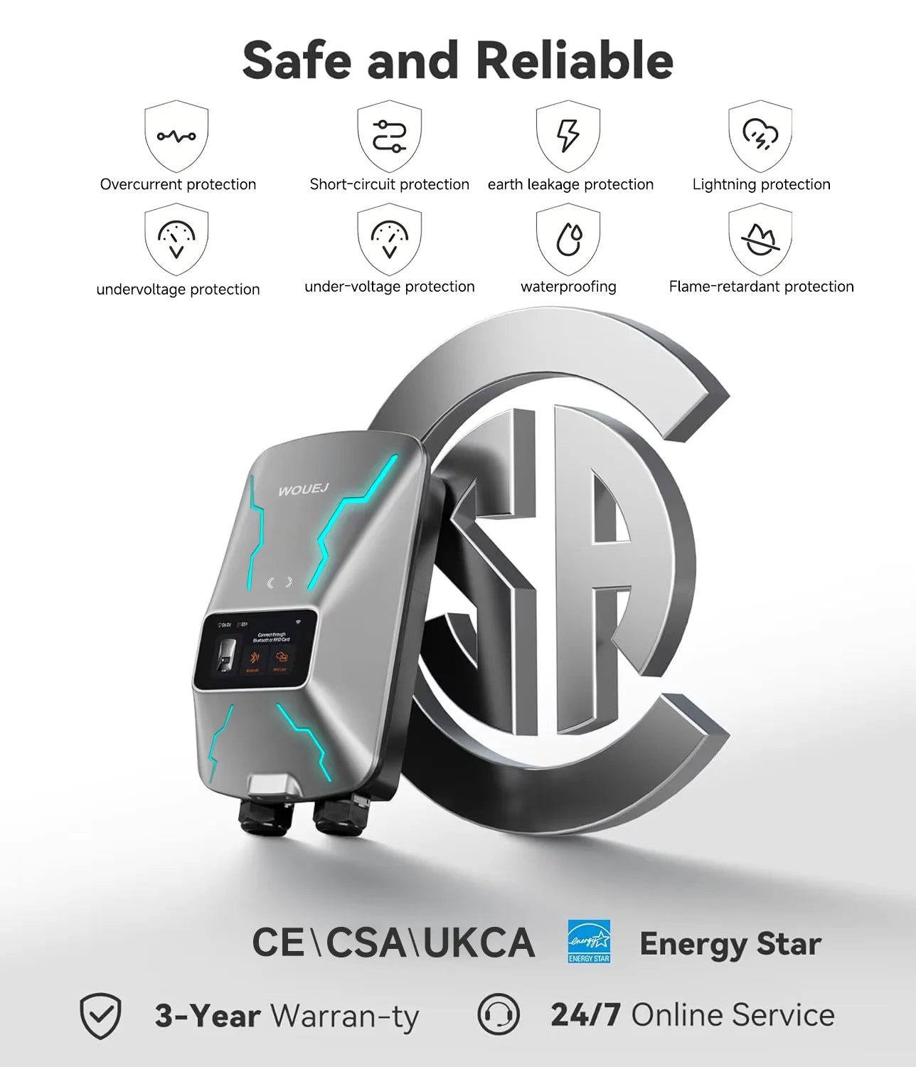 WOUEJ EV Station de charge W3 Type 2 7KW 32A 1 phase chargeur de véhicule électrique Wallbox APP commande vocale carte RFID écran LCD