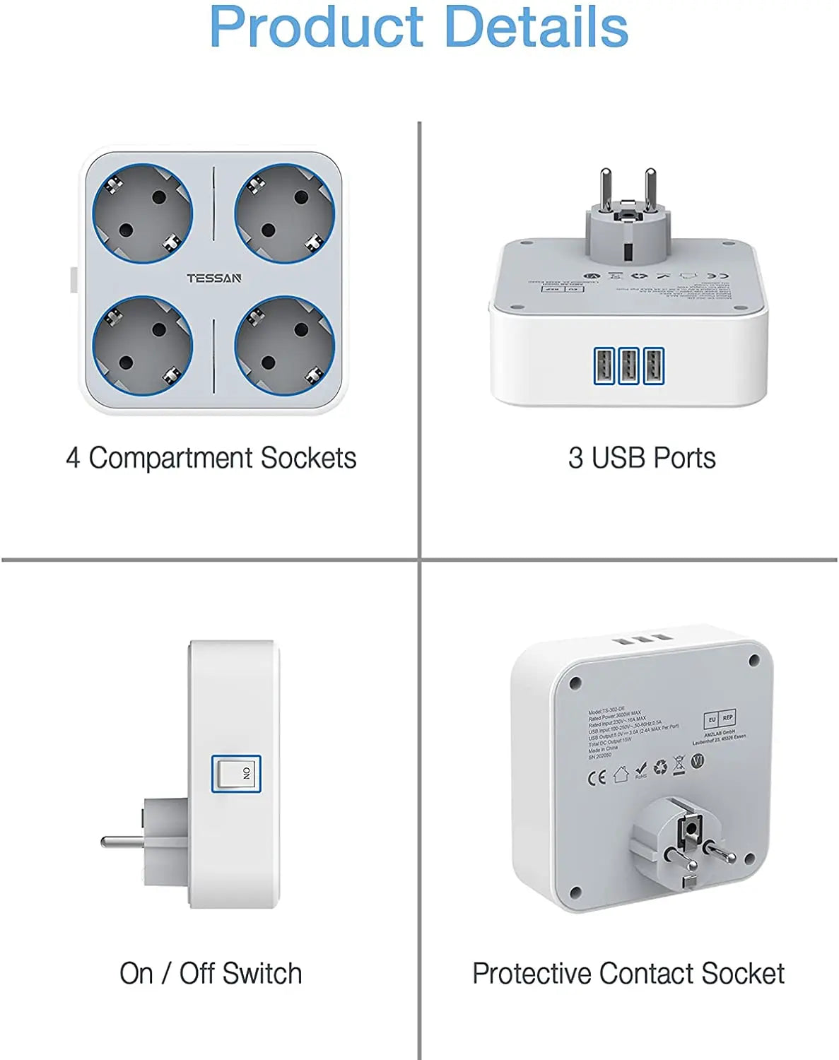 TESSAN multiprise à prises murales multiples avec 4 prises ca et 3 Ports USB adaptateur 7 en 1 protection contre les surcharges pour le bureau à domicile