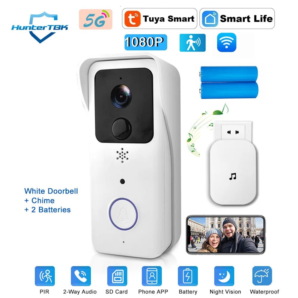 Sonnette vidéo WiFi 5G 2.4G, 1080P, Tuya, interphone intelligent sans fil pour l'extérieur, caméra sans fil étanche avec sonnerie d'alimentation AC/DC