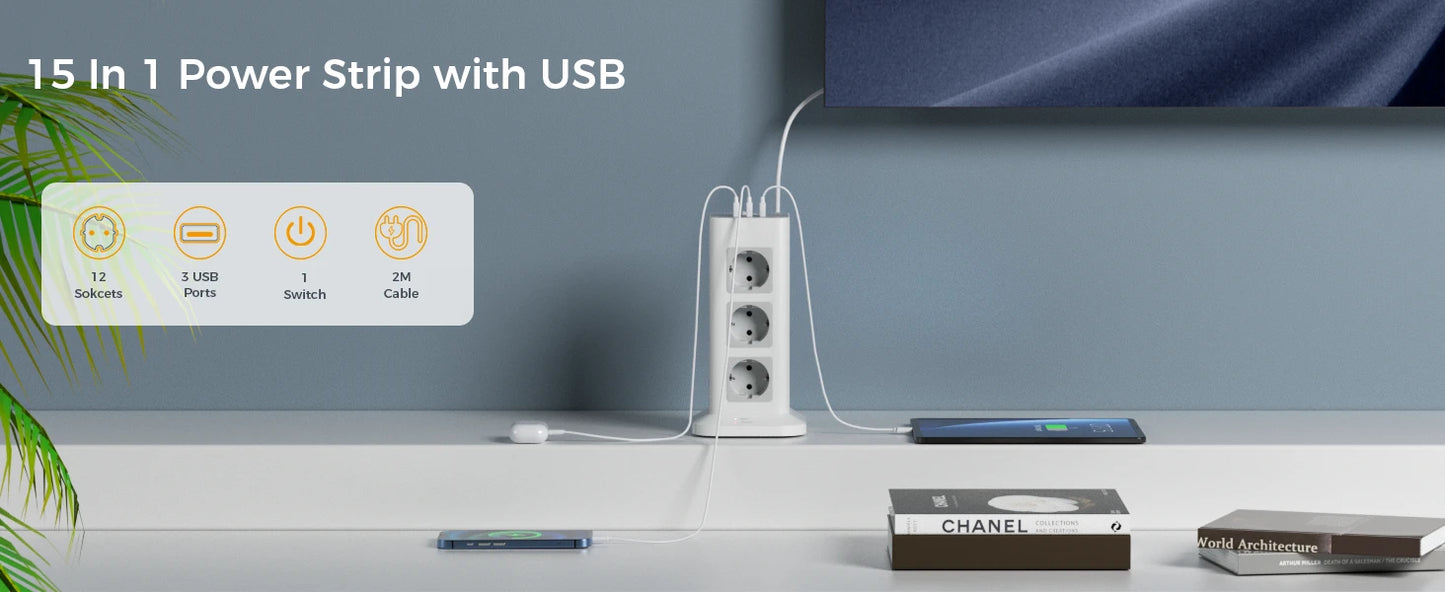 TESSAN Tour Extension Multiprise Protection contre les surtensions (1700J) avec 8 prises AC et 3 Ports USB Prise Multiple avec interrupteur pour la maison