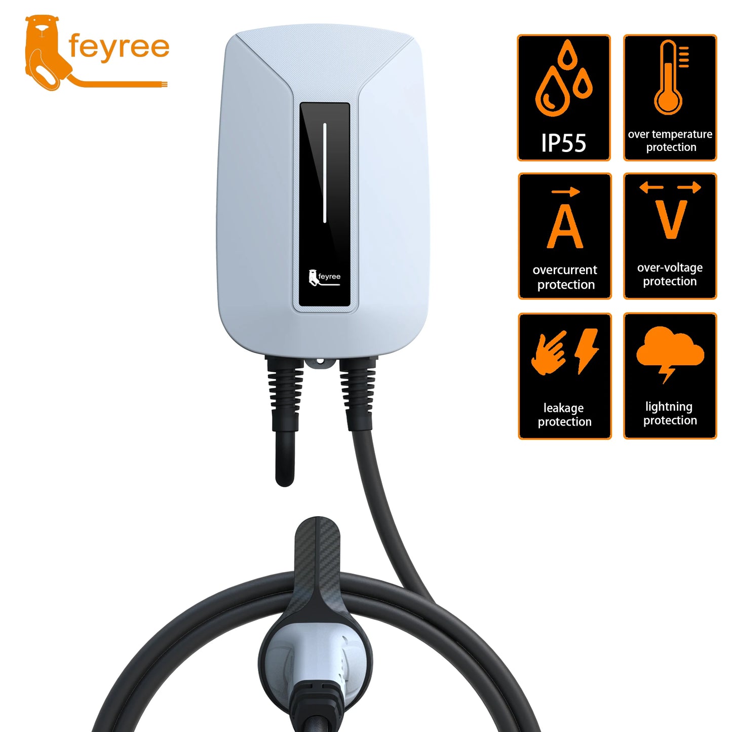 Feyree EV chargeur Type2 prise EVSE Wallbox 32A 7KW prise IEC62196-2 1 Phase 5m câble Station de charge murale pour voiture électrique
