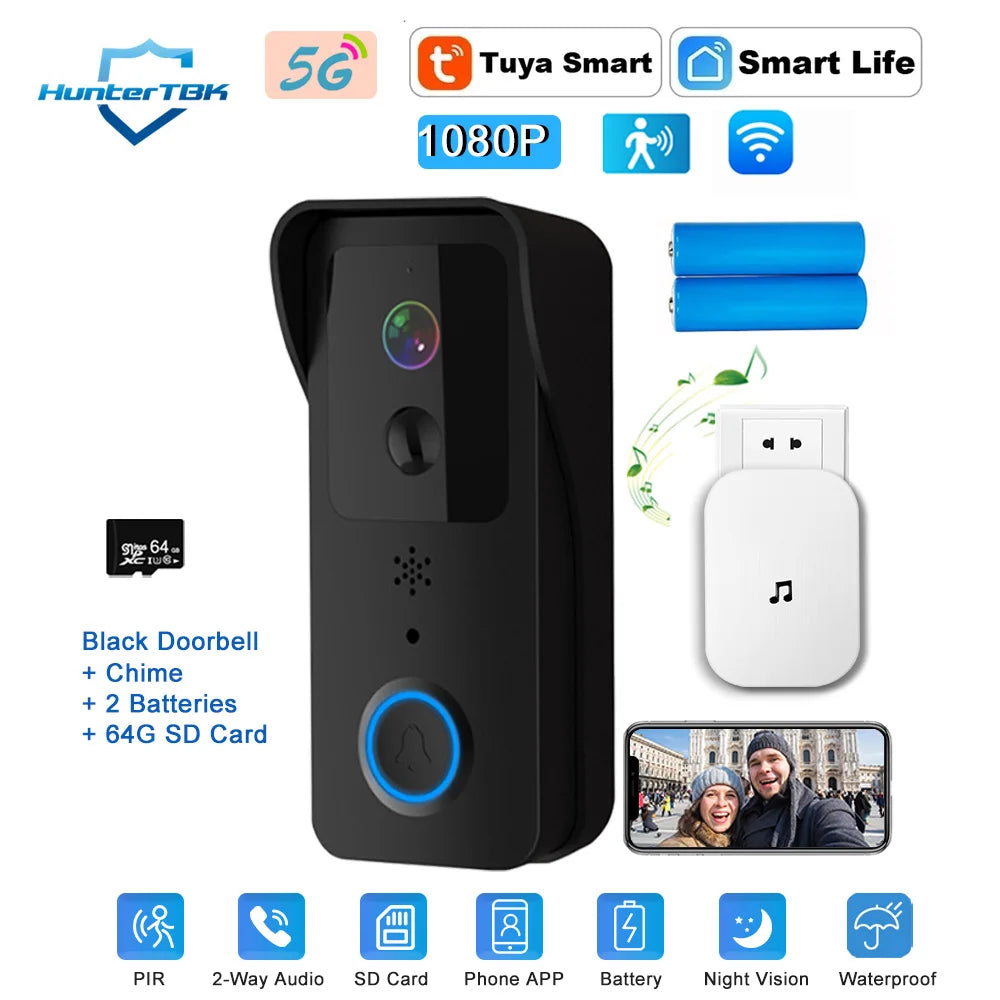 Sonnette vidéo WiFi 5G 2.4G, 1080P, Tuya, interphone intelligent sans fil pour l'extérieur, caméra sans fil étanche avec sonnerie d'alimentation AC/DC