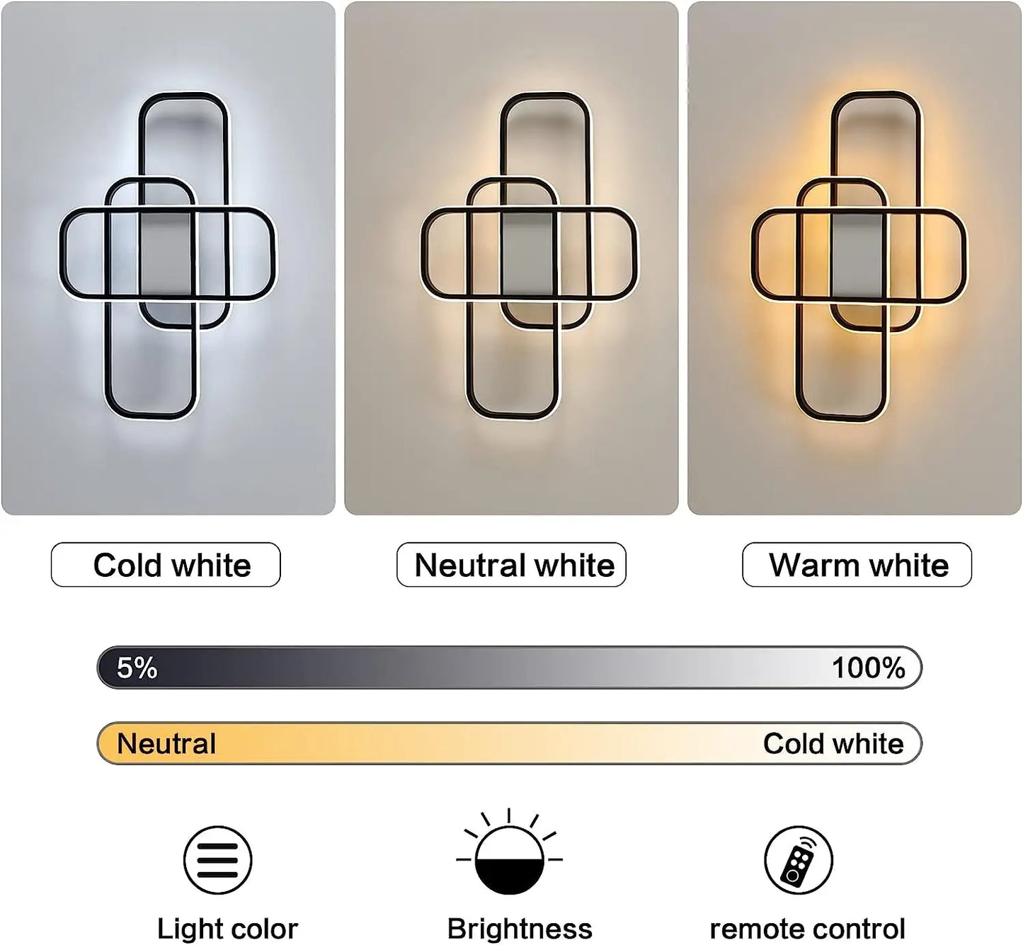 Plafonnier LED rectangulaire moderne avec télécommande, luminosité réglable, température de couleur, 44W