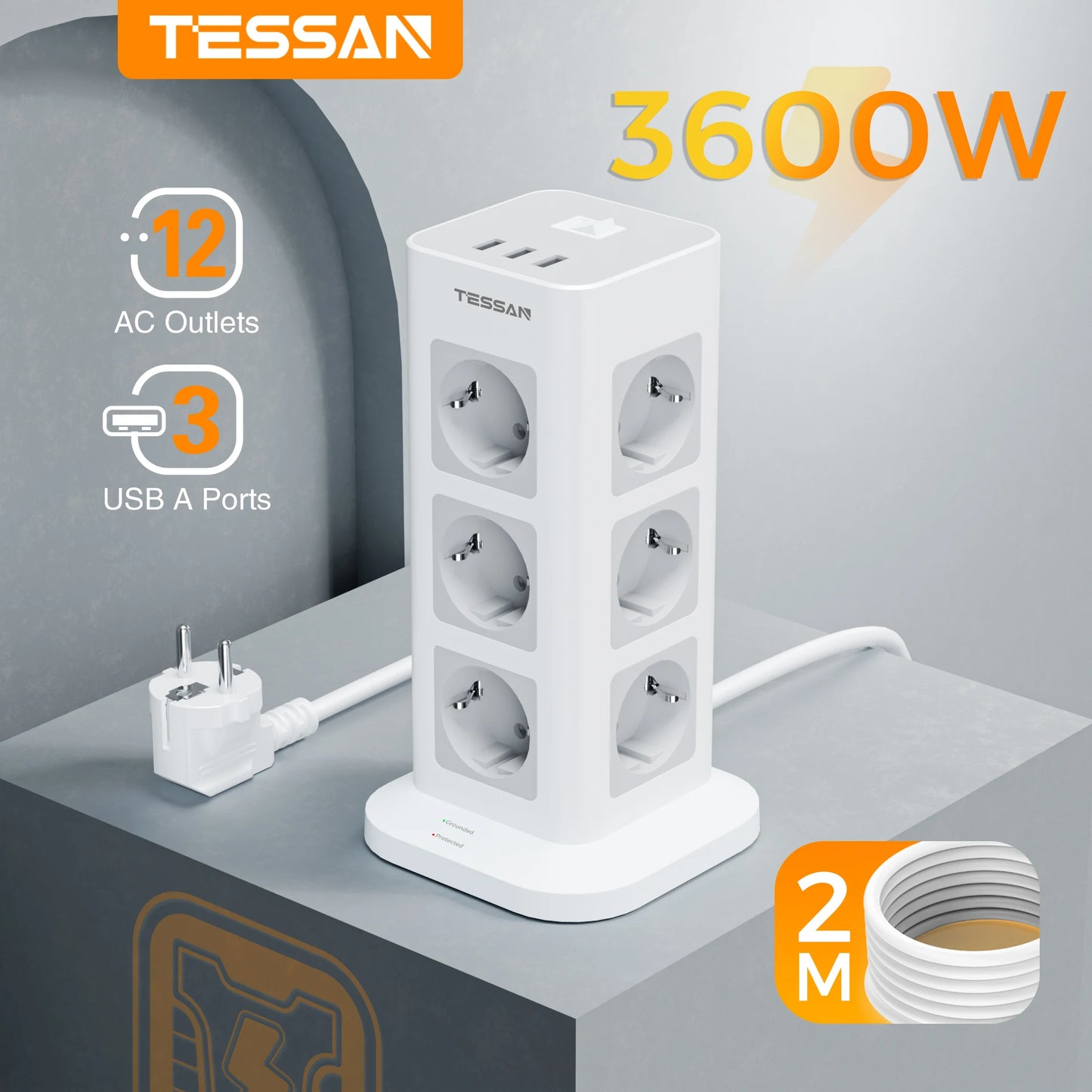 TESSAN Tour Extension Multiprise Protection contre les surtensions (1700J) avec 8 prises AC et 3 Ports USB Prise Multiple avec interrupteur pour la maison