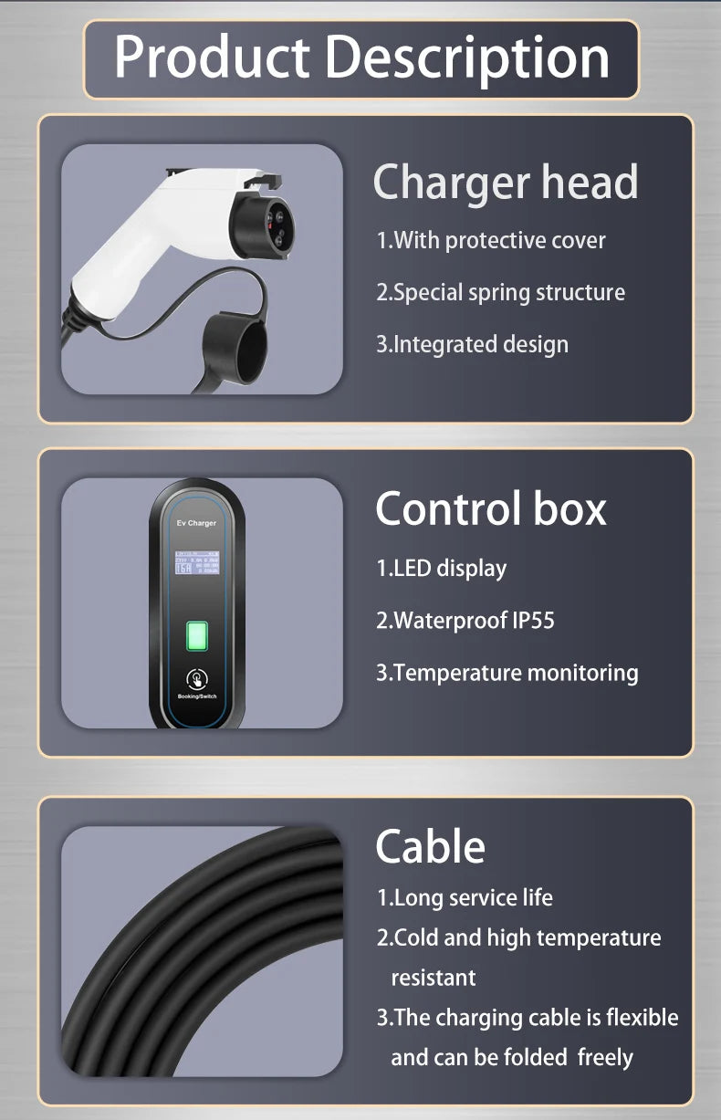 Teschev 3.5KW chargeur EV Portable Type 1 J1772 16A câble de charge GBT Wallbox EVSE Type 2 Stations de charge pour véhicule électrique