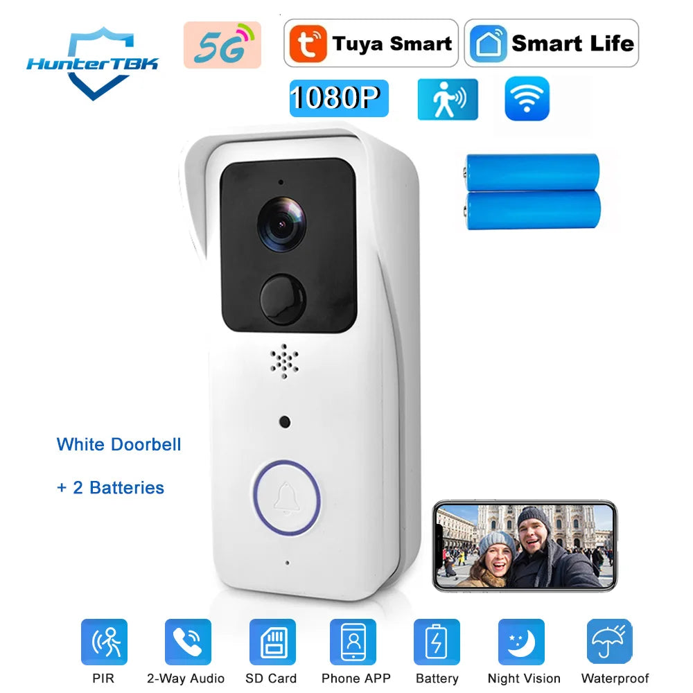 Sonnette vidéo WiFi 5G 2.4G, 1080P, Tuya, interphone intelligent sans fil pour l'extérieur, caméra sans fil étanche avec sonnerie d'alimentation AC/DC