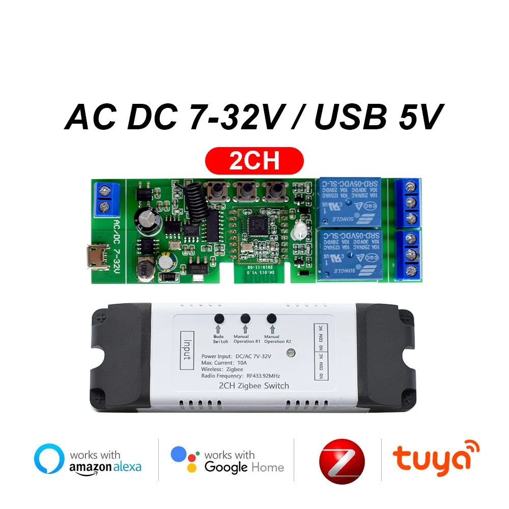 Contact sec Tuya commutateur intelligent Zigbee 1 2 4 canaux Zigbee Din Rail relais carte Module deux canaux RF 433 relais 12V 24V 230V