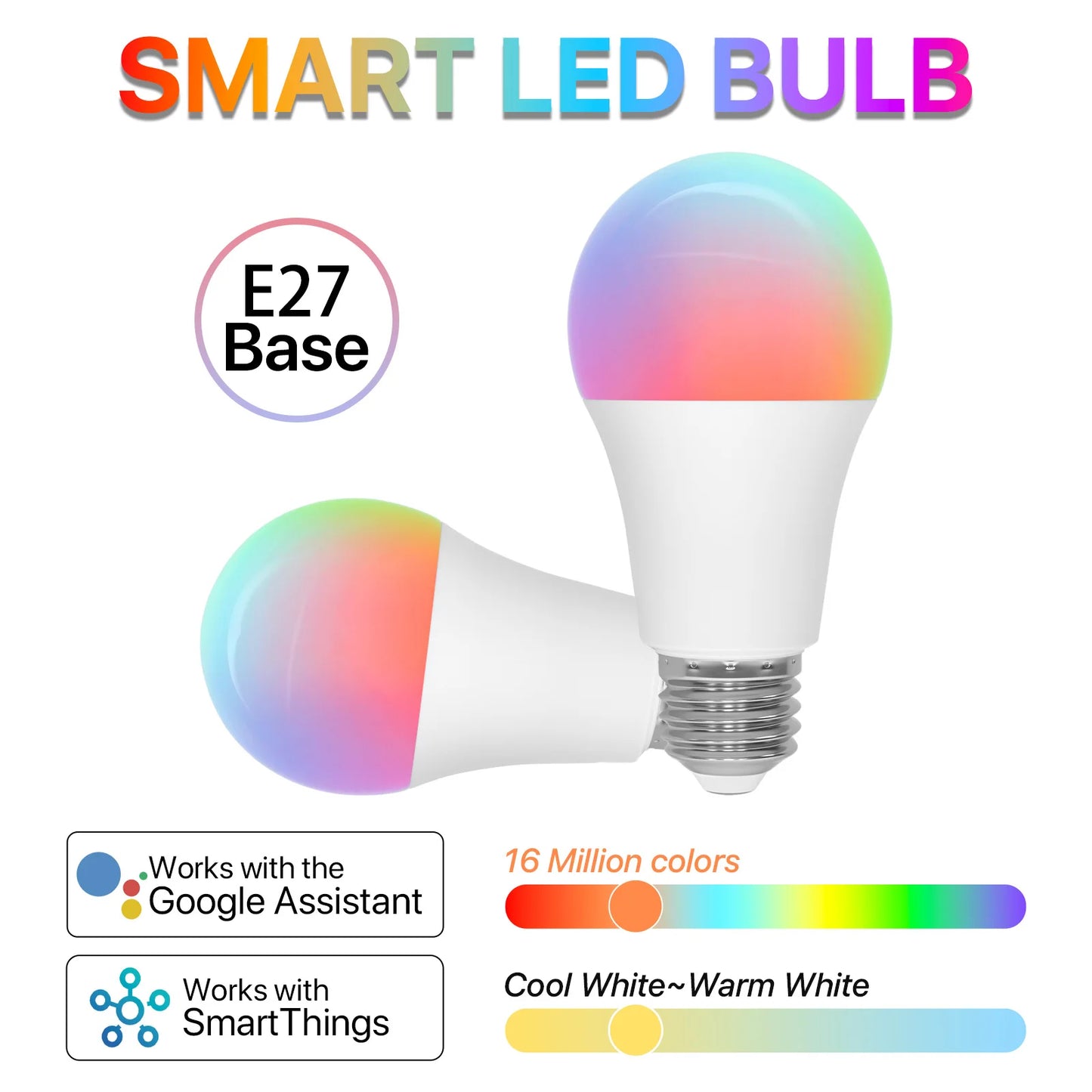 Ampoule LED intelligente Tuya E27 9W 900lm RGBCW, 2 pièces, couleur changeante, AC220V, Bluetooth, WiFi, Alexa/Google Home, ampoules à vis compatibles