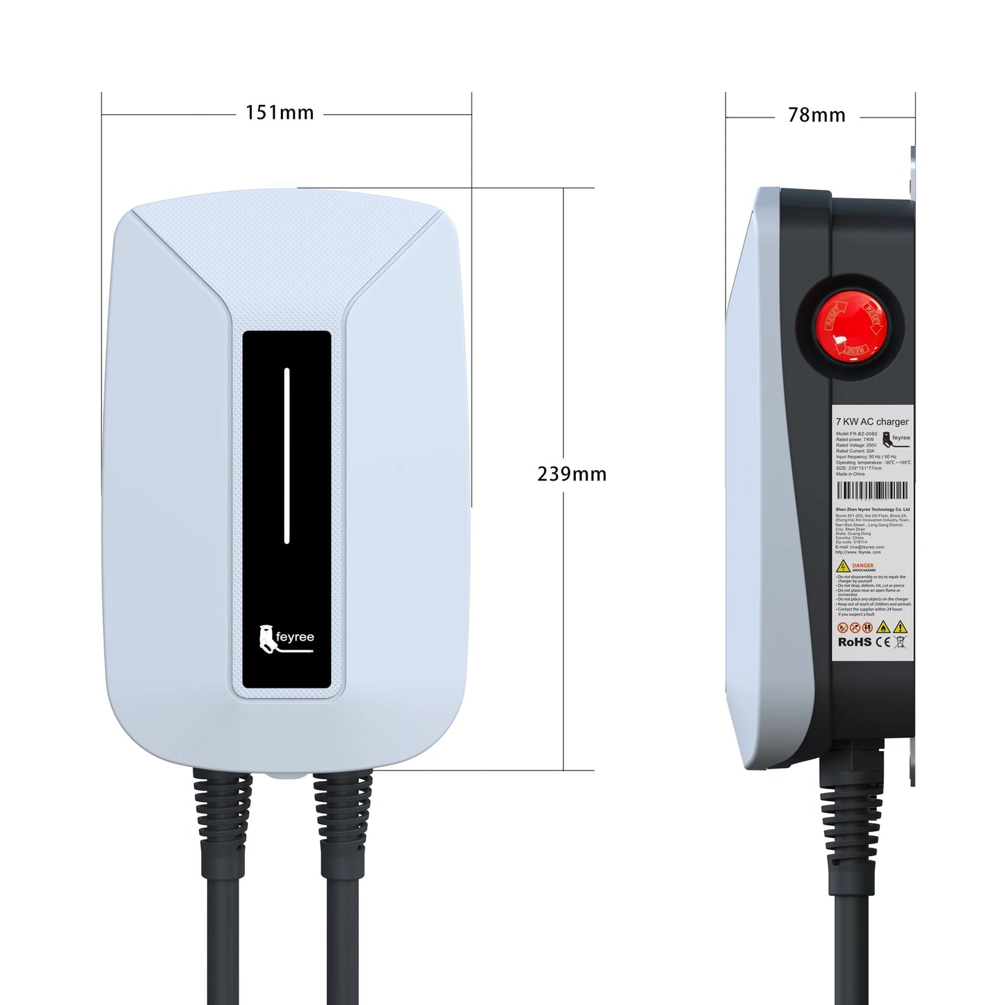 Feyree EV chargeur Type2 prise EVSE Wallbox 32A 7KW prise IEC62196-2 1 Phase 5m câble Station de charge murale pour voiture électrique