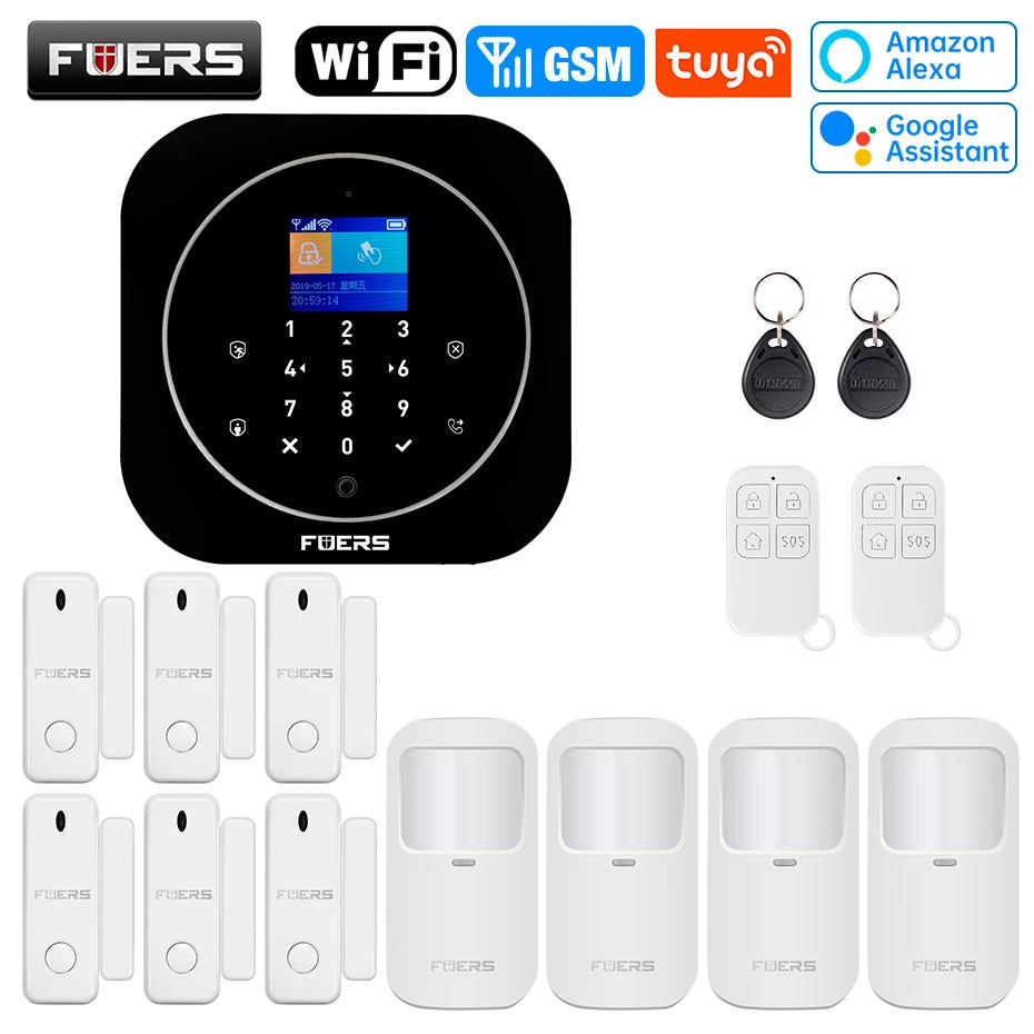 FUERS G12 Tuya WiFi GSM système d'alarme de sécurité sans fil maison affaires alarme antivol avec sirène RFID détecteur de mouvement capteur de fumée