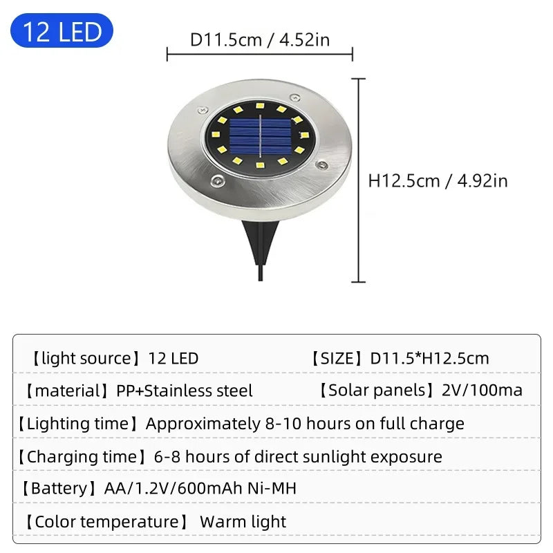 8/20LED disque solaire extérieur lumière IP65 jardin extérieur solaire lampes souterraines pont lumière enterré solaire jardin lumière décorative
