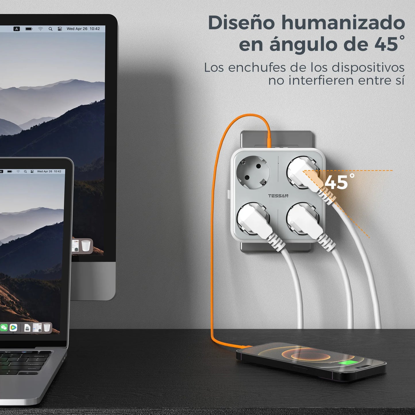 TESSAN multiprise à prises murales multiples avec 4 prises ca et 3 Ports USB adaptateur 7 en 1 protection contre les surcharges pour le bureau à domicile