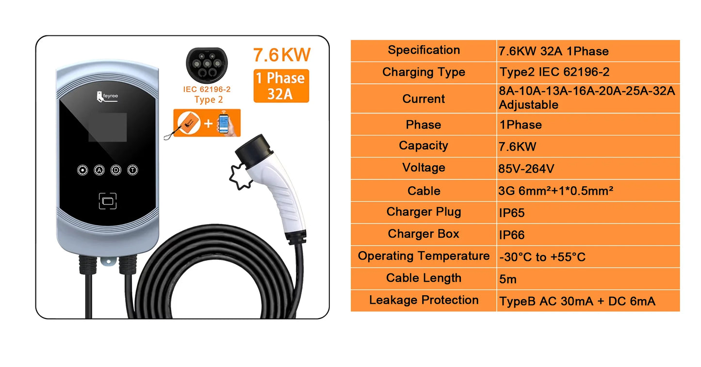 EVSE Wallbox 11KW 22KW Prise IEC62196-2 Triphasée Andrea Control pour Voiture Électrique Fey123 EV Chargeur 32A 7.6KW Vope2 Cable Car