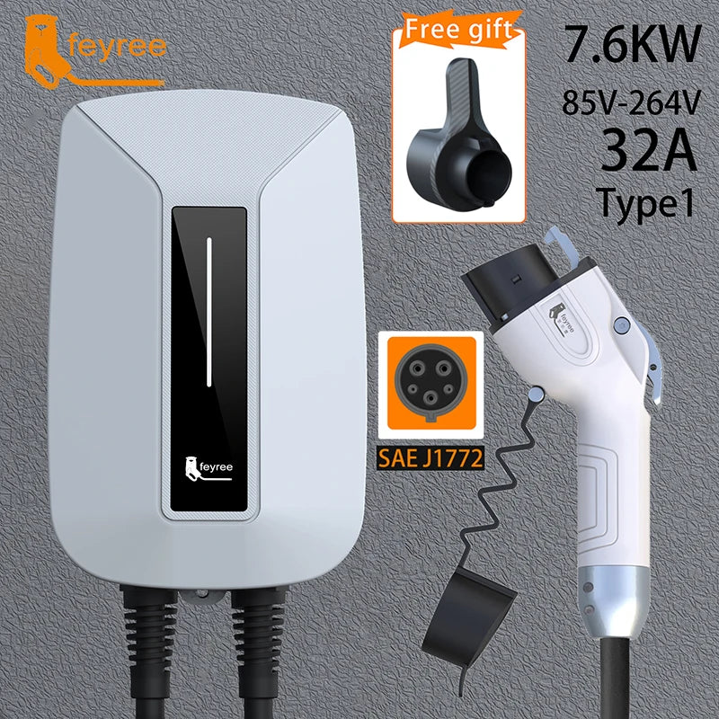 Feyree EV chargeur Type2 prise EVSE Wallbox 32A 7KW prise IEC62196-2 1 Phase 5m câble Station de charge murale pour voiture électrique