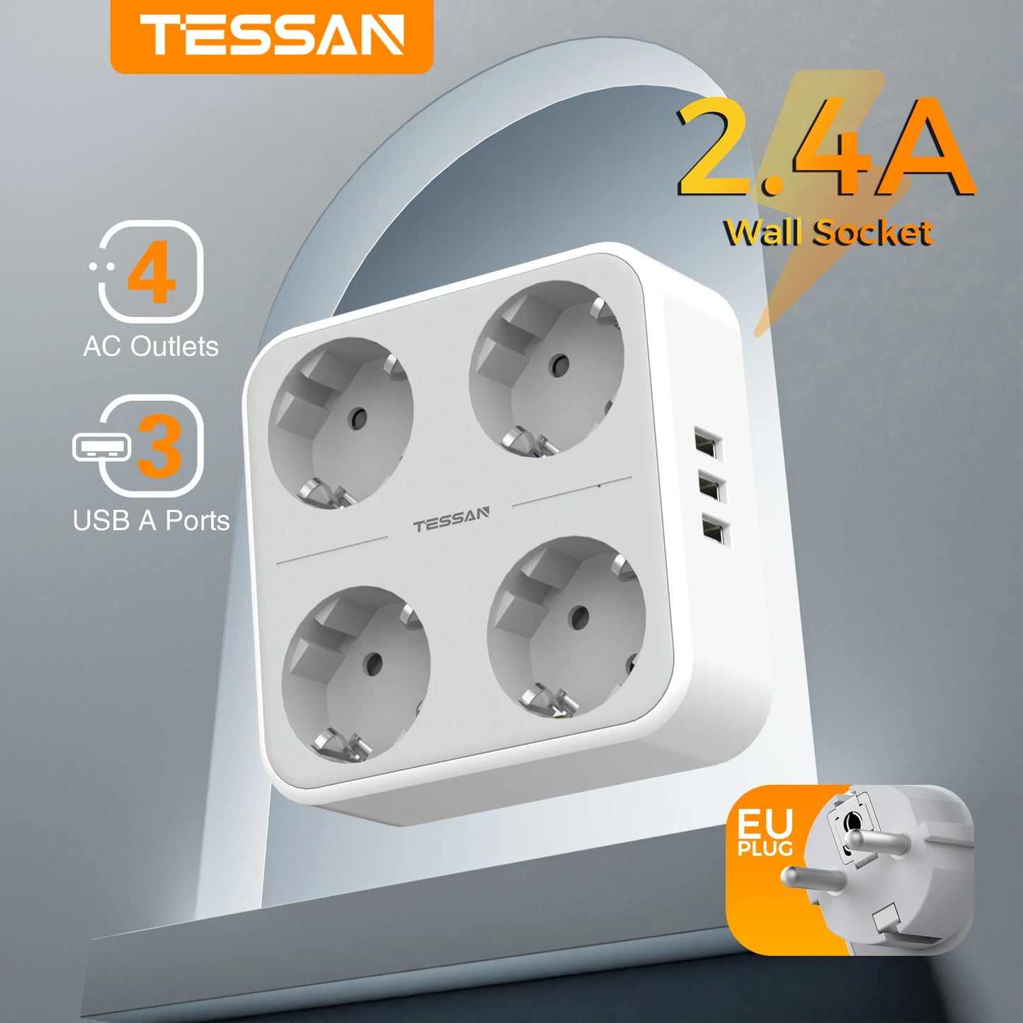 TESSAN multiprise à prises murales multiples avec 4 prises ca et 3 Ports USB adaptateur 7 en 1 protection contre les surcharges pour le bureau à domicile