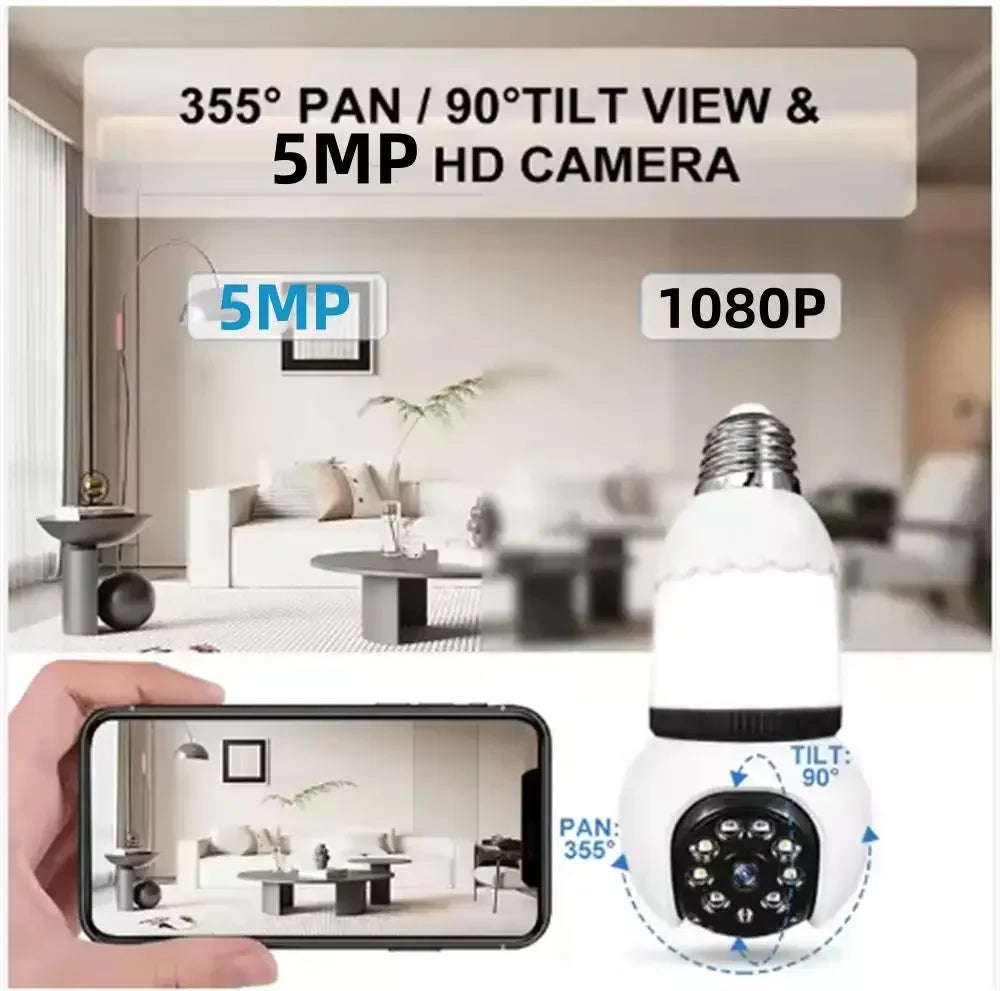 5MP lampe E27 ampoule WiFi caméra LED ampoule caméra IP intelligente surveillance PTZ 8X Zoom suivi Audio bidirectionnel Vision nocturne caméra sans fil