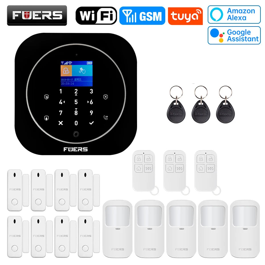 FUERS G12 Tuya WiFi GSM système d'alarme de sécurité sans fil maison affaires alarme antivol avec sirène RFID détecteur de mouvement capteur de fumée