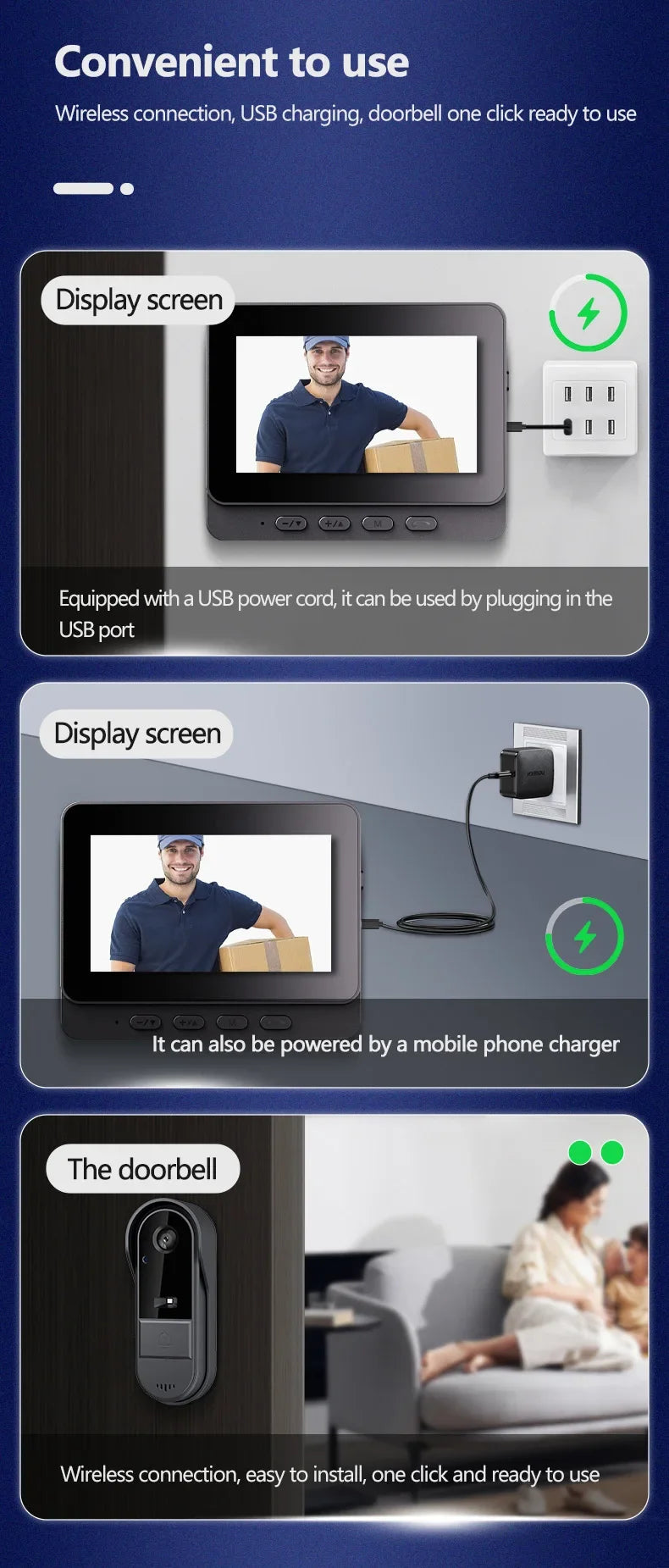 Sonnette d'interphone sans fil avec vision nocturne HD, écran IPS 4,3 pouces, caméra de sonnette visuelle étanche, sécurité domestique intelligente, vidéo par sonnette