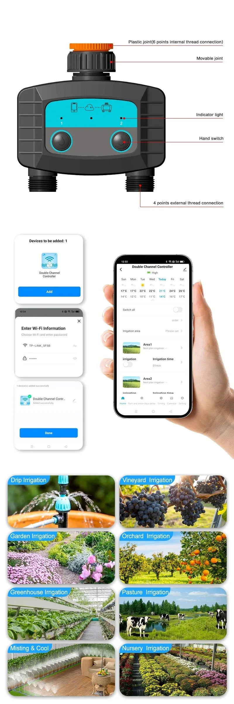 Minuterie d'arrosage intelligente, minuterie d'eau bidirectionnelle, WiFi, Bluetooth, d'argile de jardin, électrovanne intelligente, télécommande de téléphone sans fil
