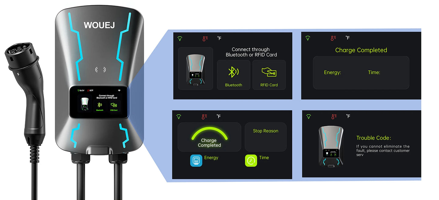 WOUEJ EV Station de charge W3 Type 2 7KW 32A 1 phase chargeur de véhicule électrique Wallbox APP commande vocale carte RFID écran LCD