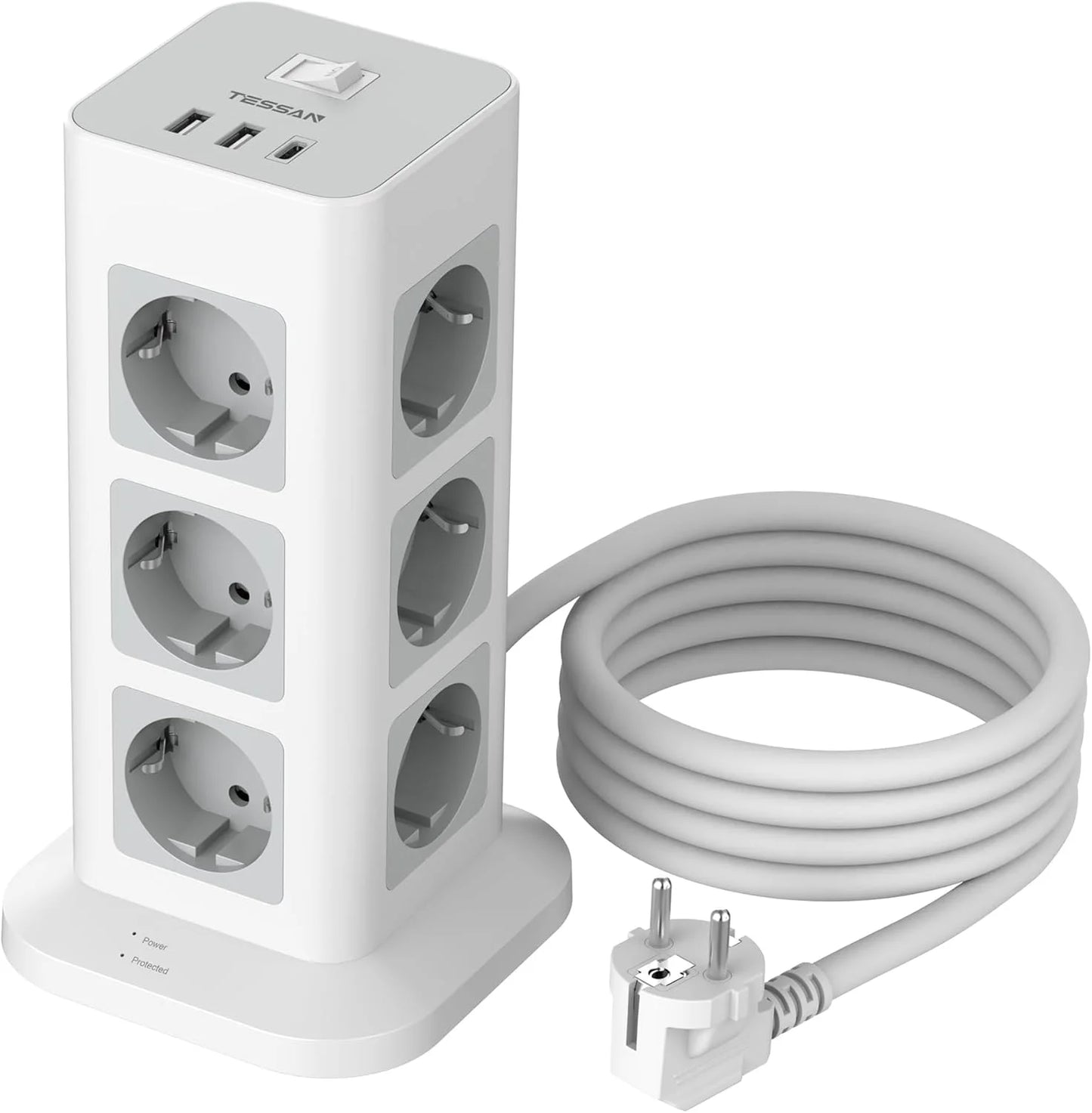 TESSAN Tour Extension Multiprise Protection contre les surtensions (1700J) avec 8 prises AC et 3 Ports USB Prise Multiple avec interrupteur pour la maison
