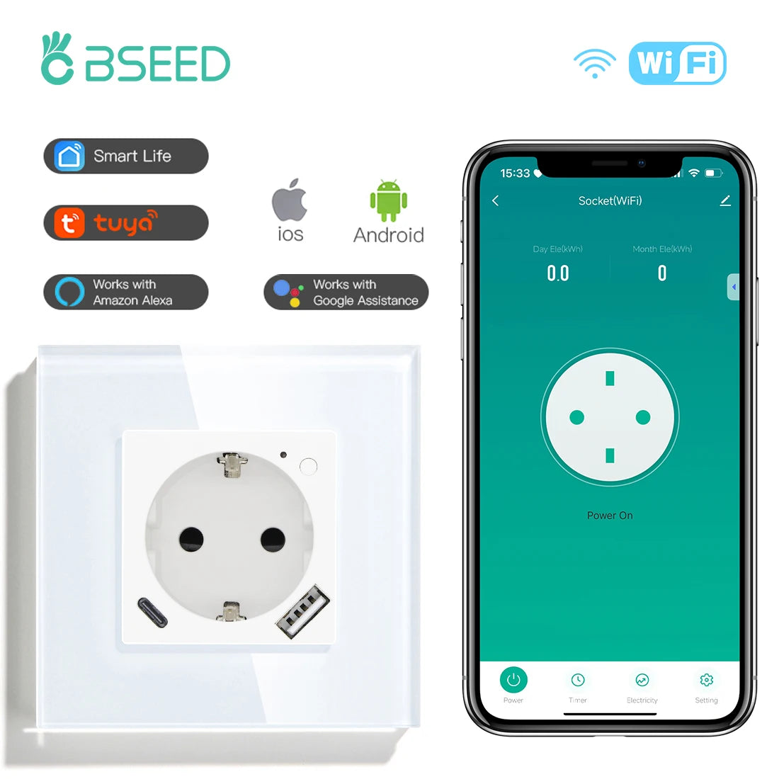 BSEED-Prise Murale Wifi EU Standard 86x86mm, Moniteur d'Alimentation Intelligent, Fonctionne avec Google Alexa